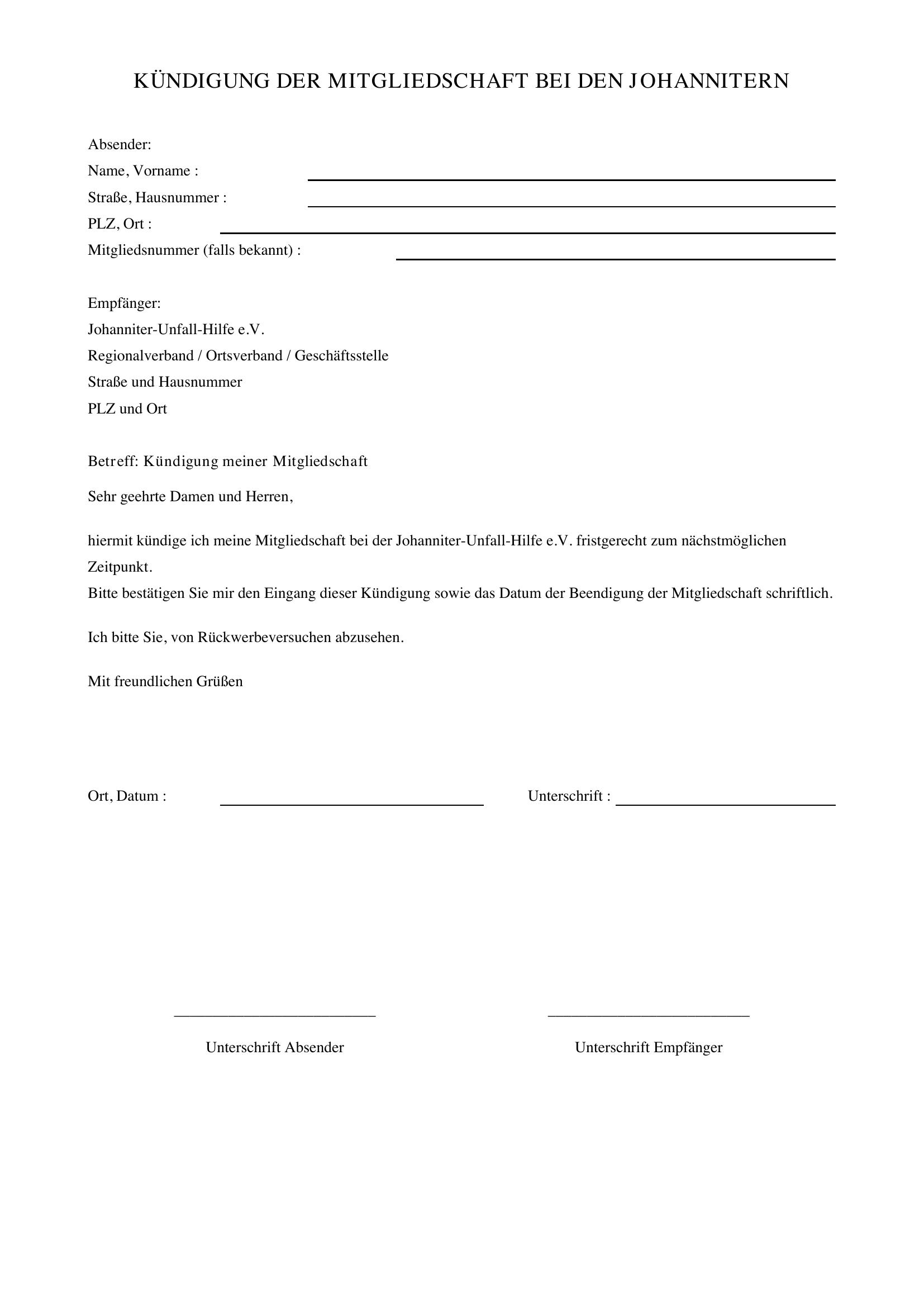 Johanniter Kündigung Vorlage