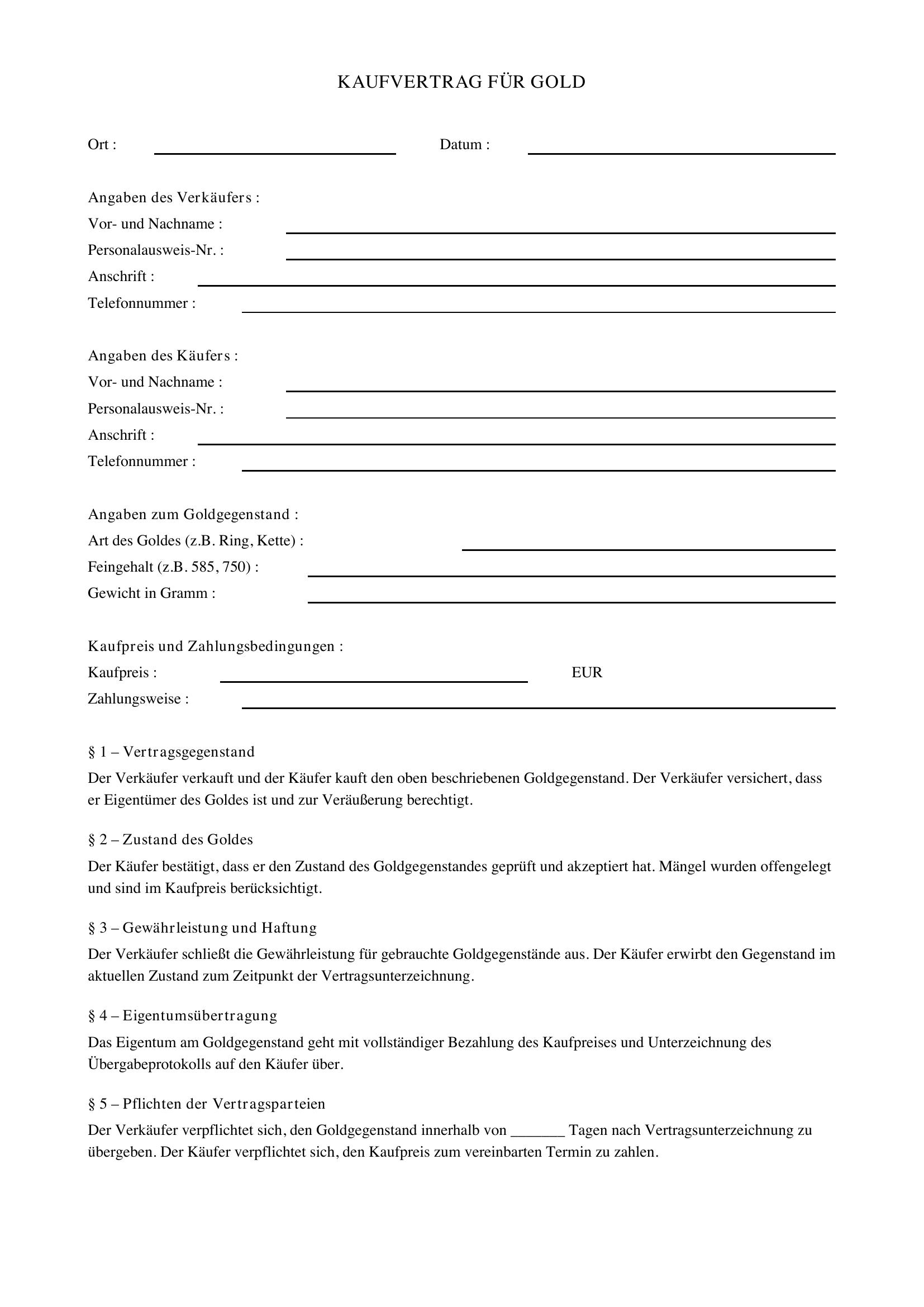 Kaufvertrag Gold