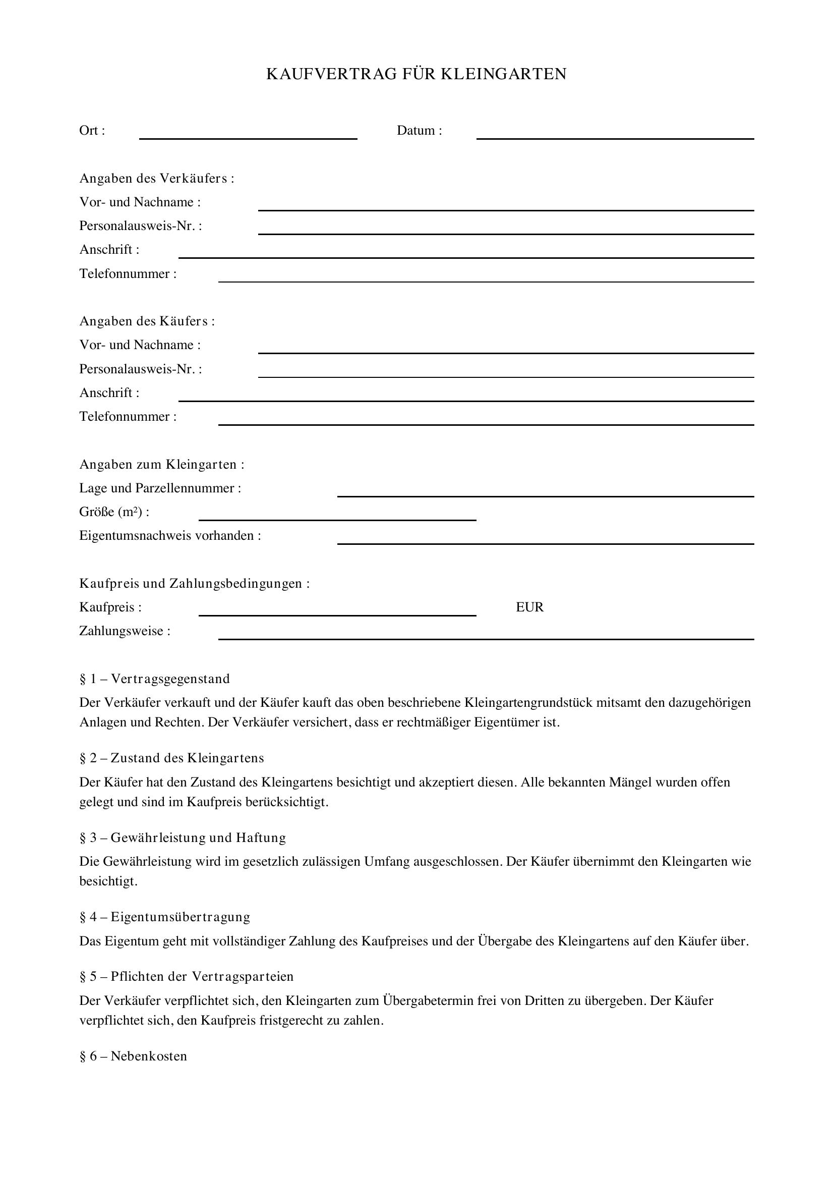 Kaufvertrag Kleingarten Privat