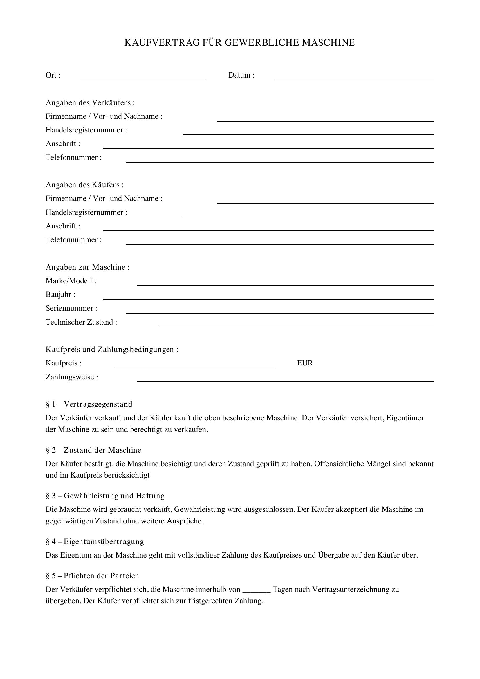 Kaufvertrag Maschinen Gewerblich Muster