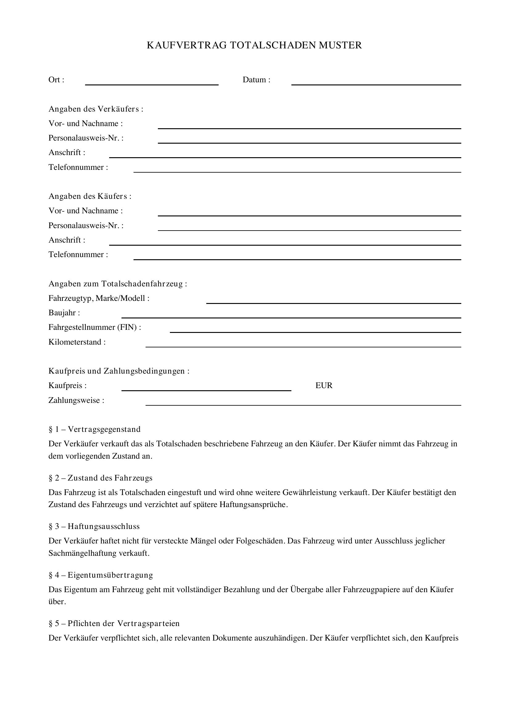 Kaufvertrag Totalschaden Muster