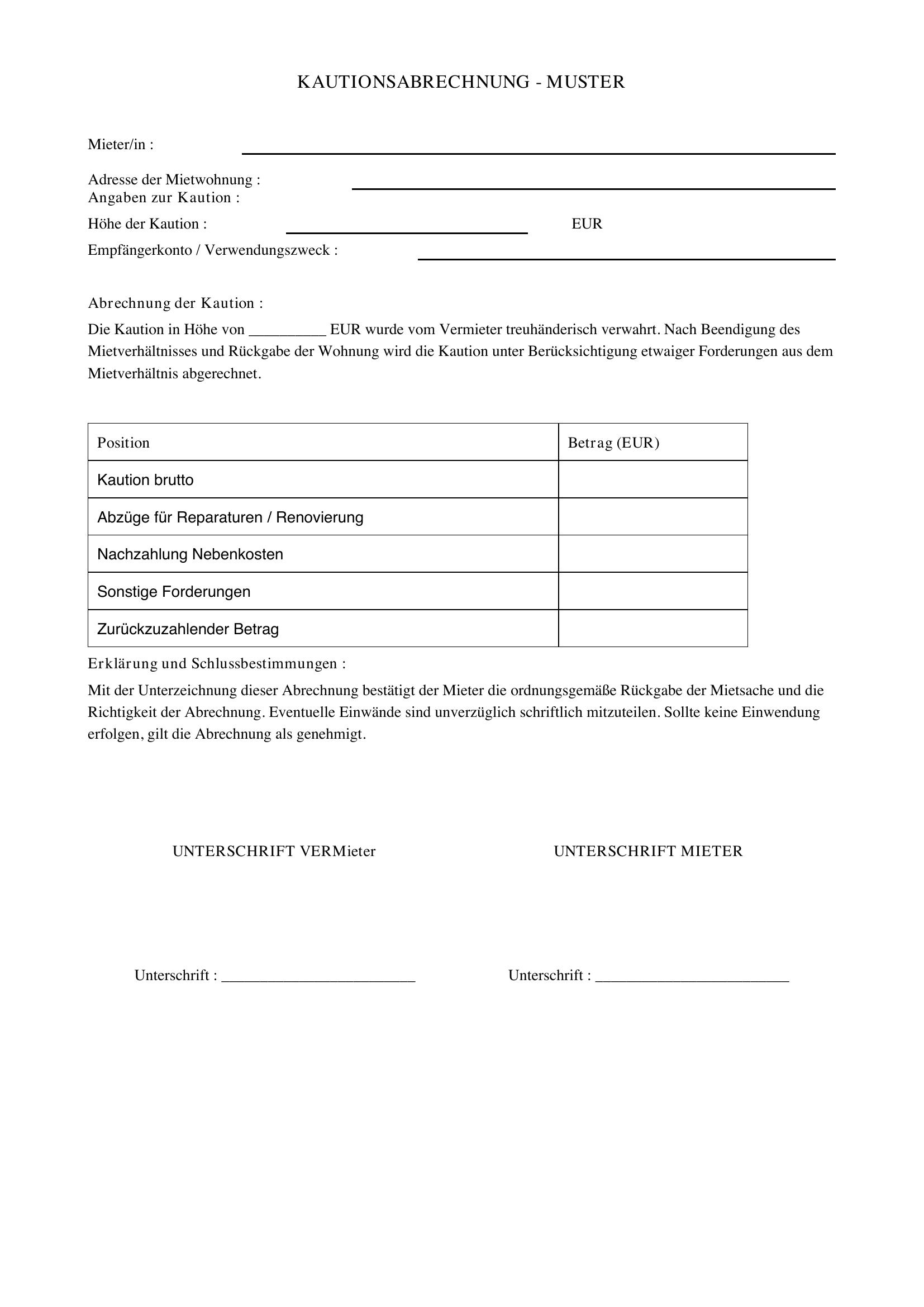 Kautionsabrechnung Muster