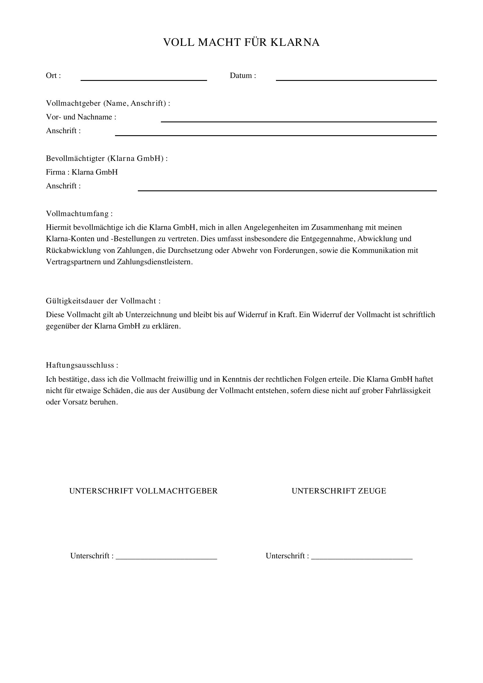 Klarna Vollmacht