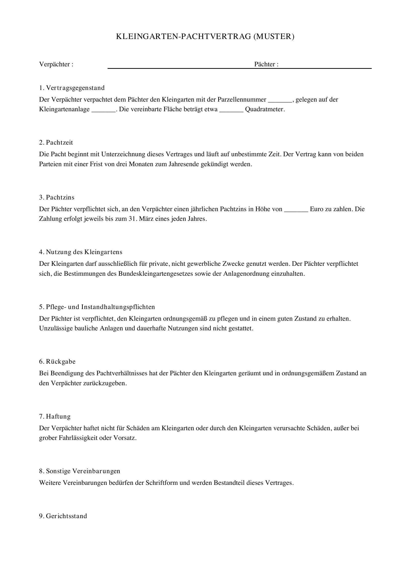 Kleingarten Pachtvertrag Muster