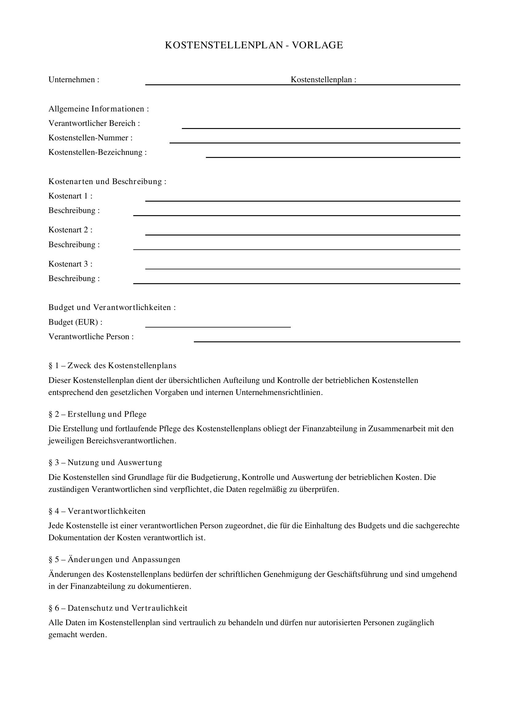 Kostenstellenplan Vorlage
