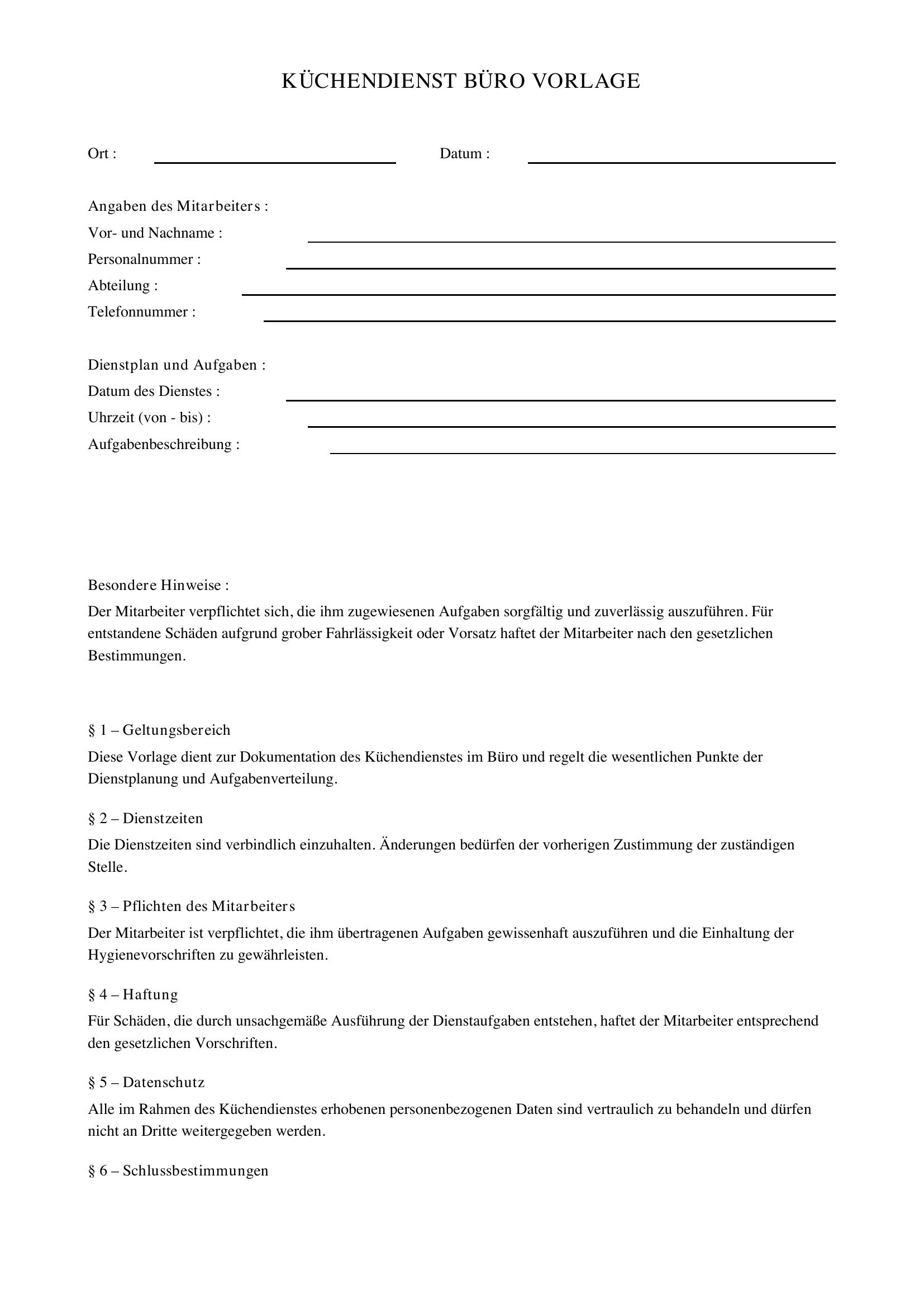 Küchendienst Büro Vorlage