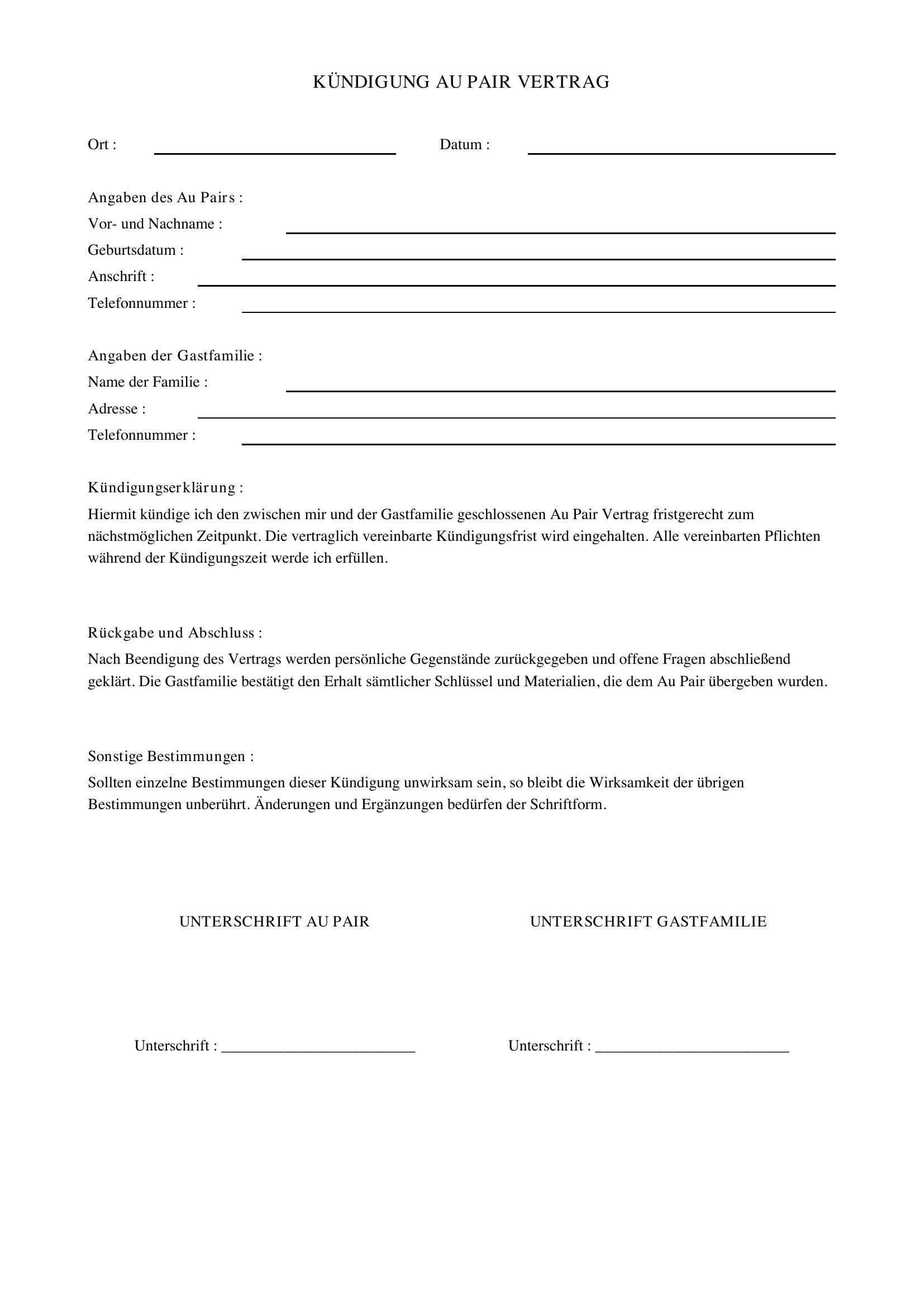 Kündigung Au Pair Vertrag