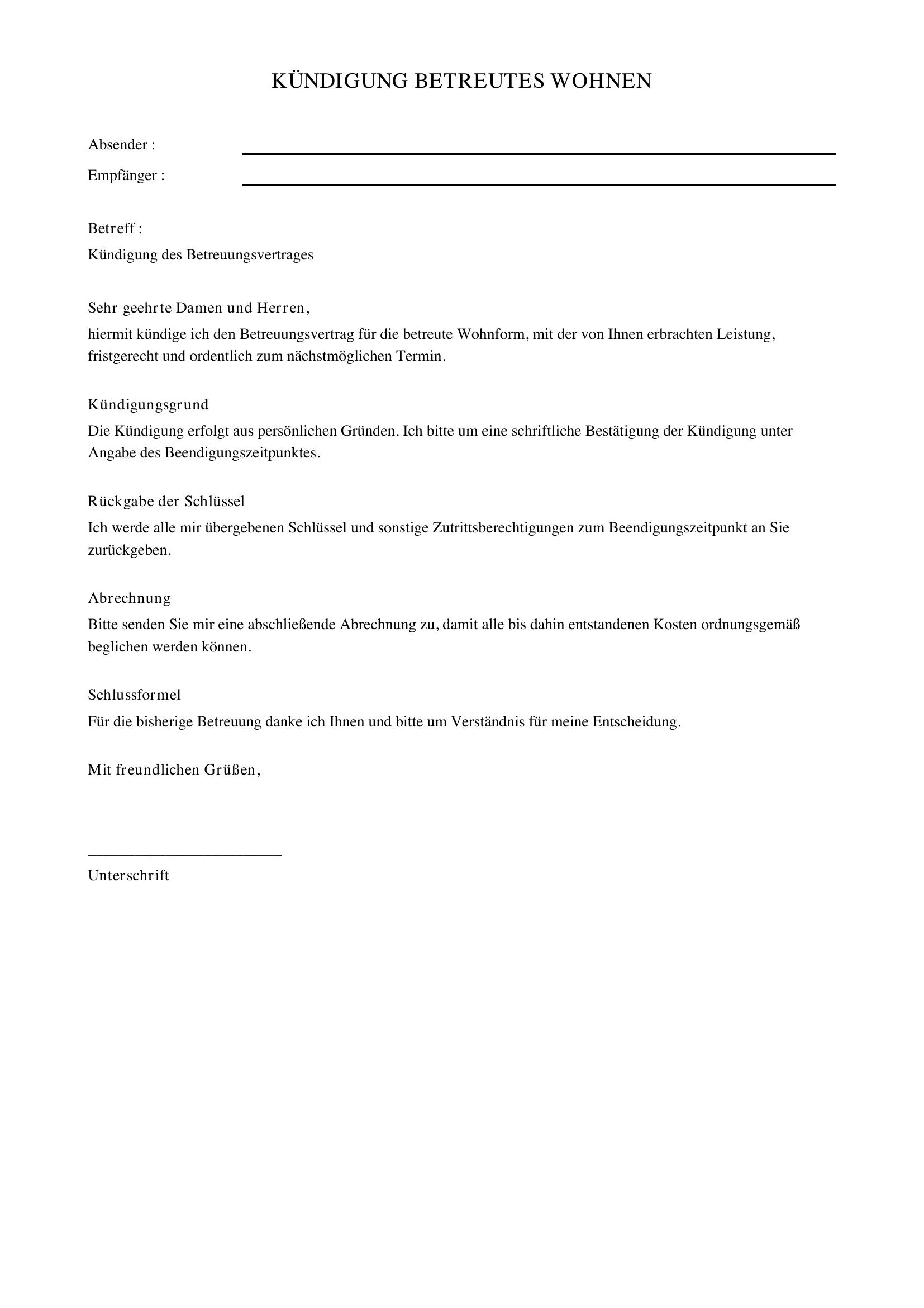 Kündigung Betreutes Wohnen Muster