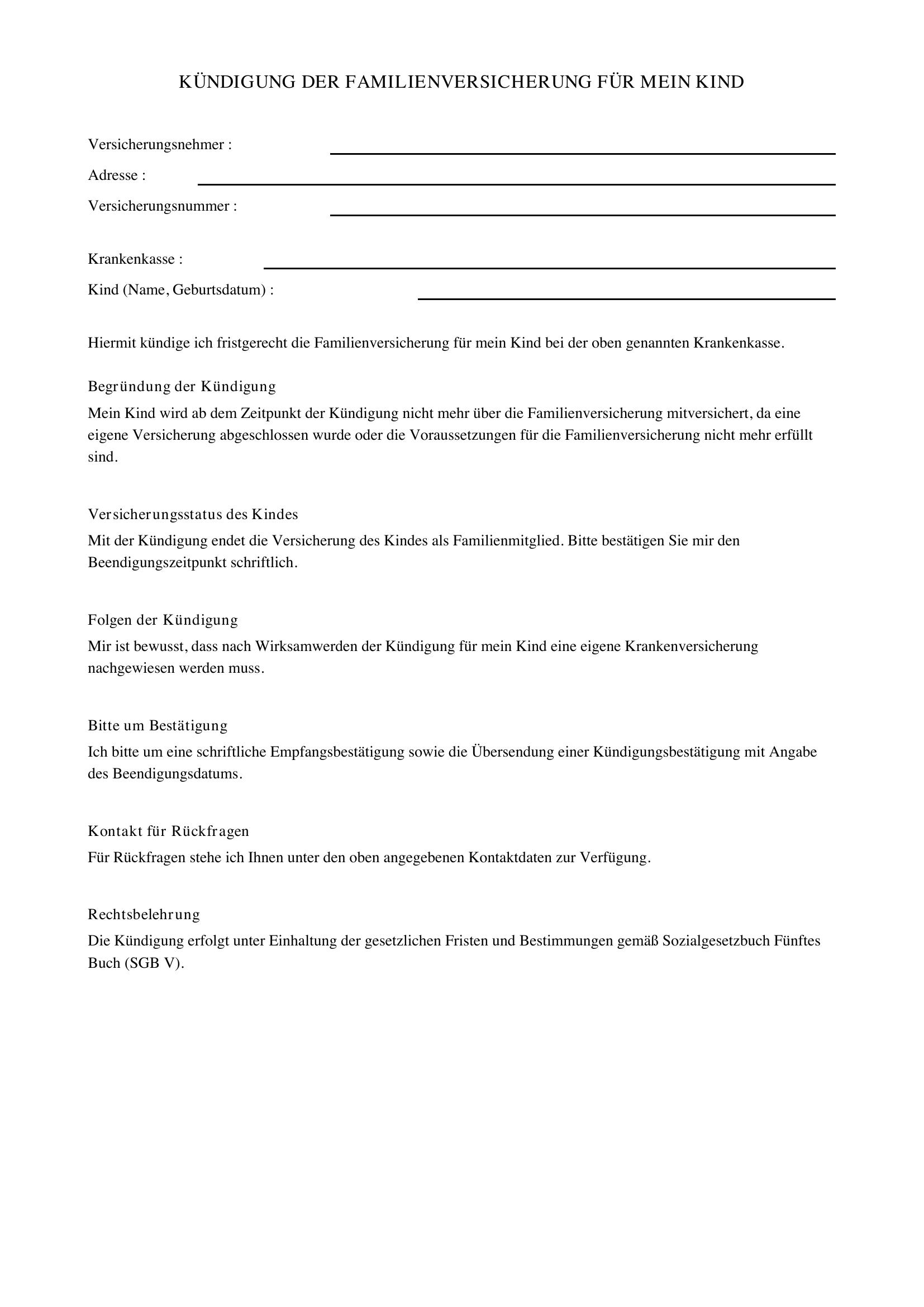 Kündigung Familienversicherung Kind Muster