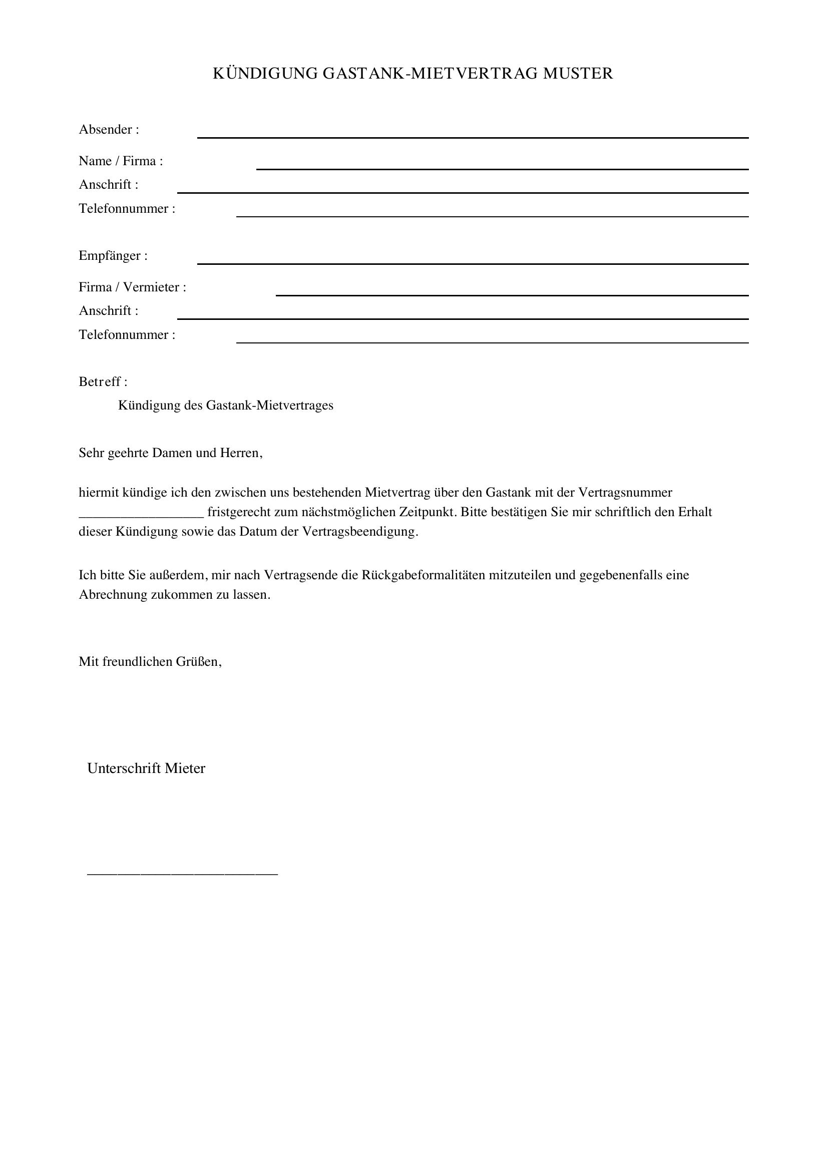 Kündigung Gastank Muster