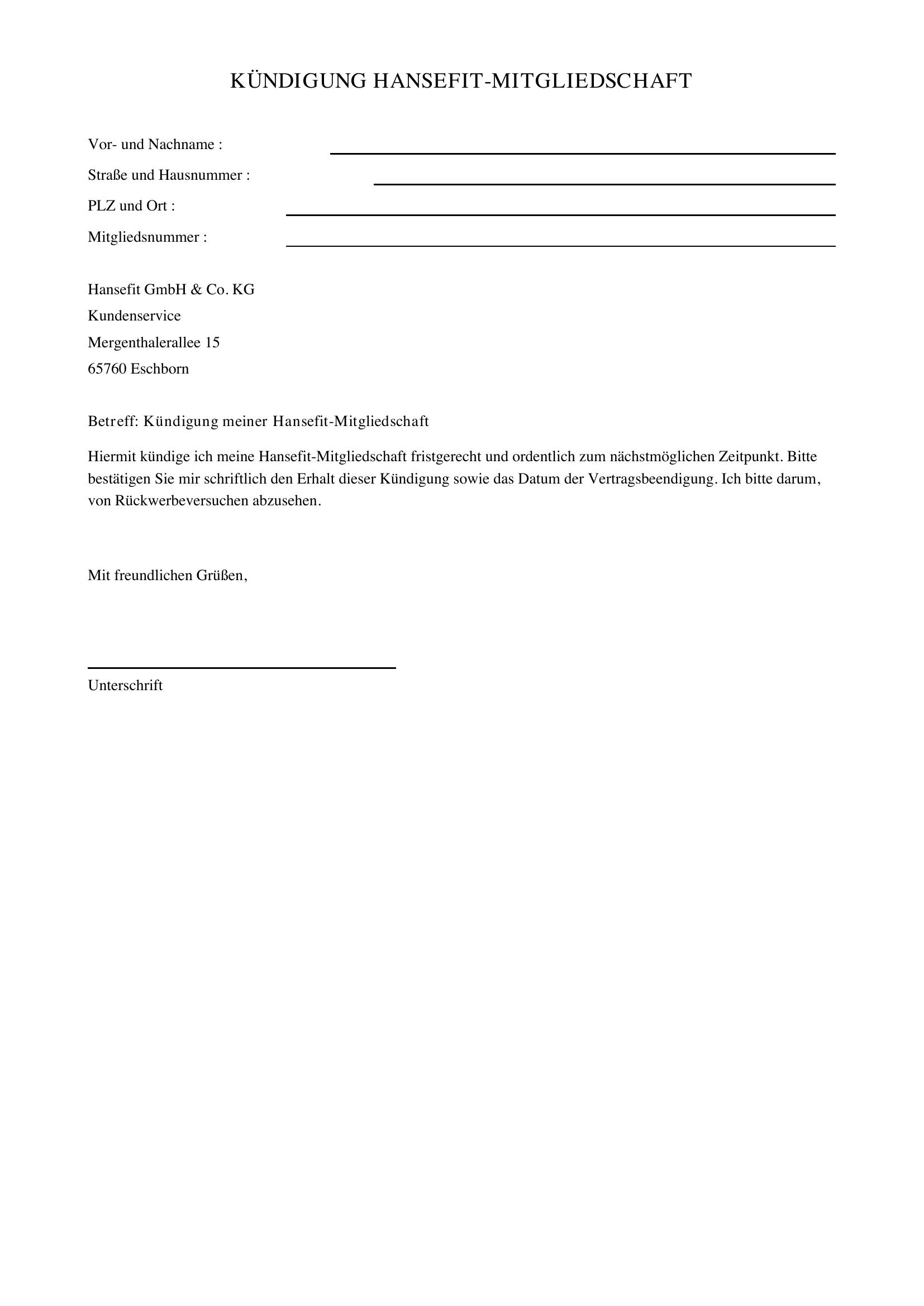 Kündigung Hansefit Vorlage