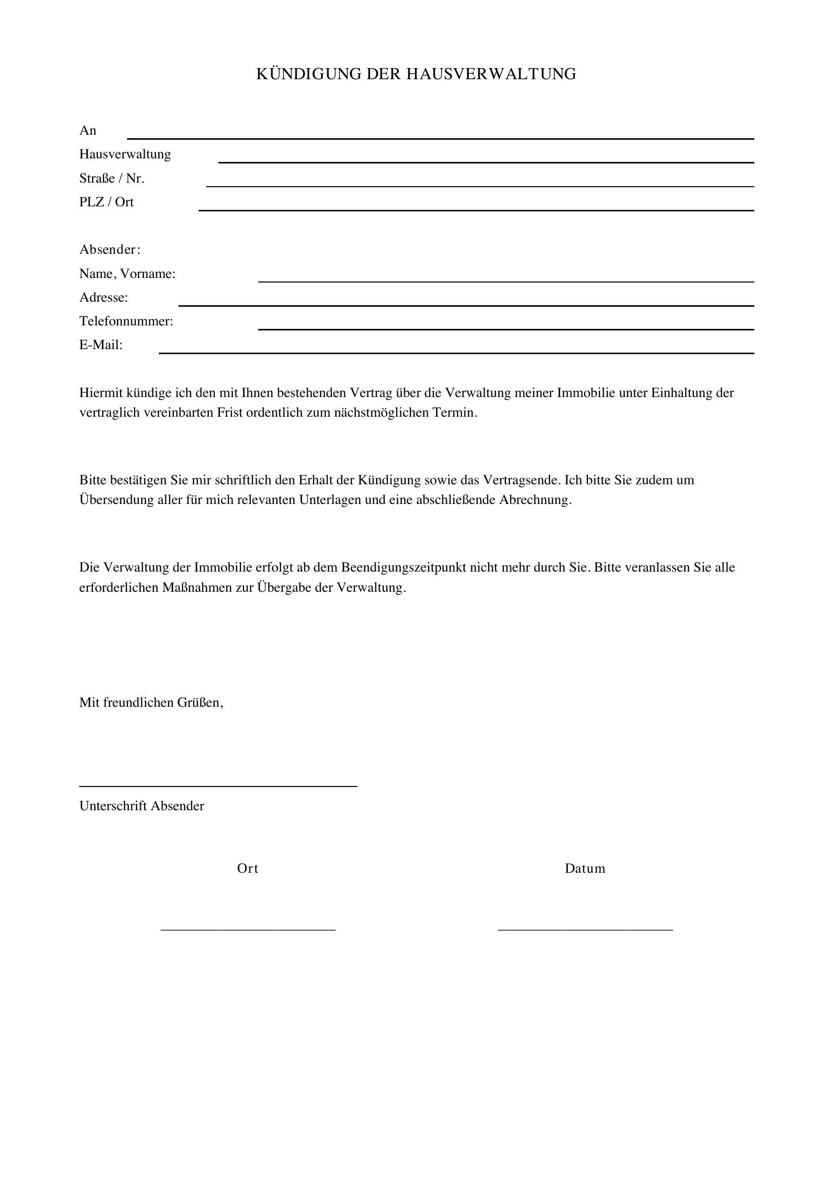 Kündigung Hausverwaltung Vorlage