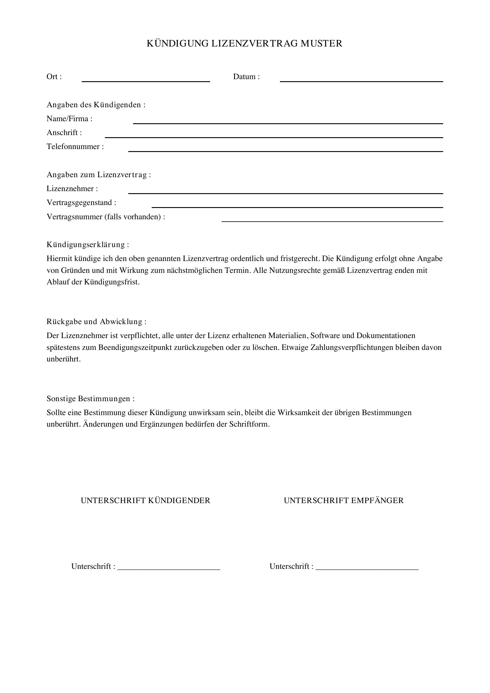 Kündigung Lizenzvertrag Muster