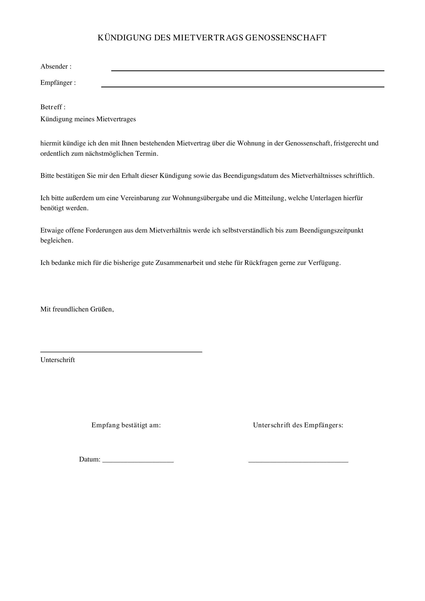 Kündigung Mietvertrag Genossenschaft Vorlage