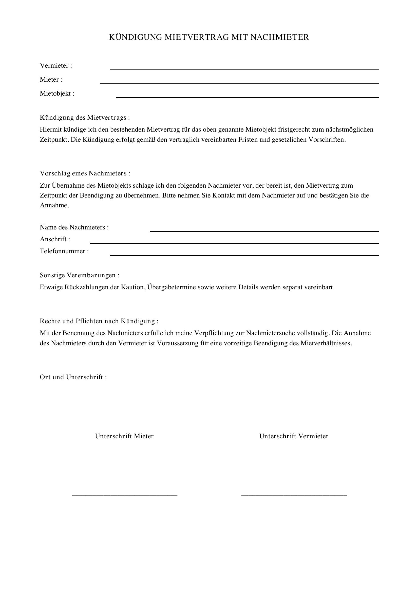 Kündigung Mietvertrag Nachmieter Vorlage