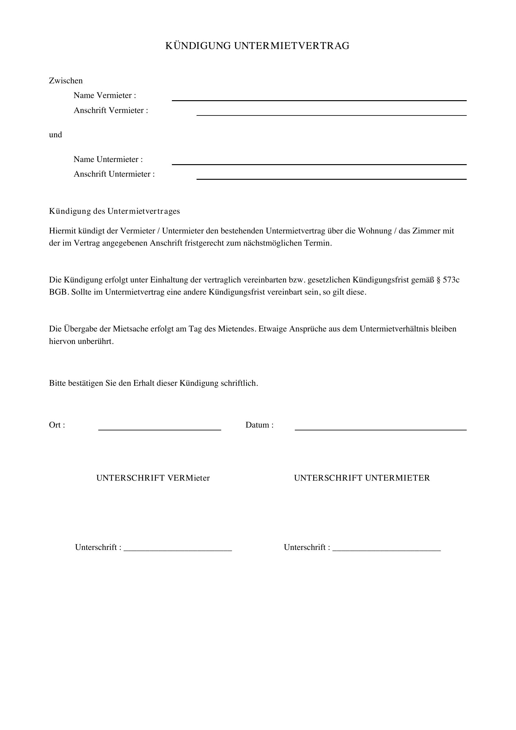 Kündigung Untermietvertrag Vorlage