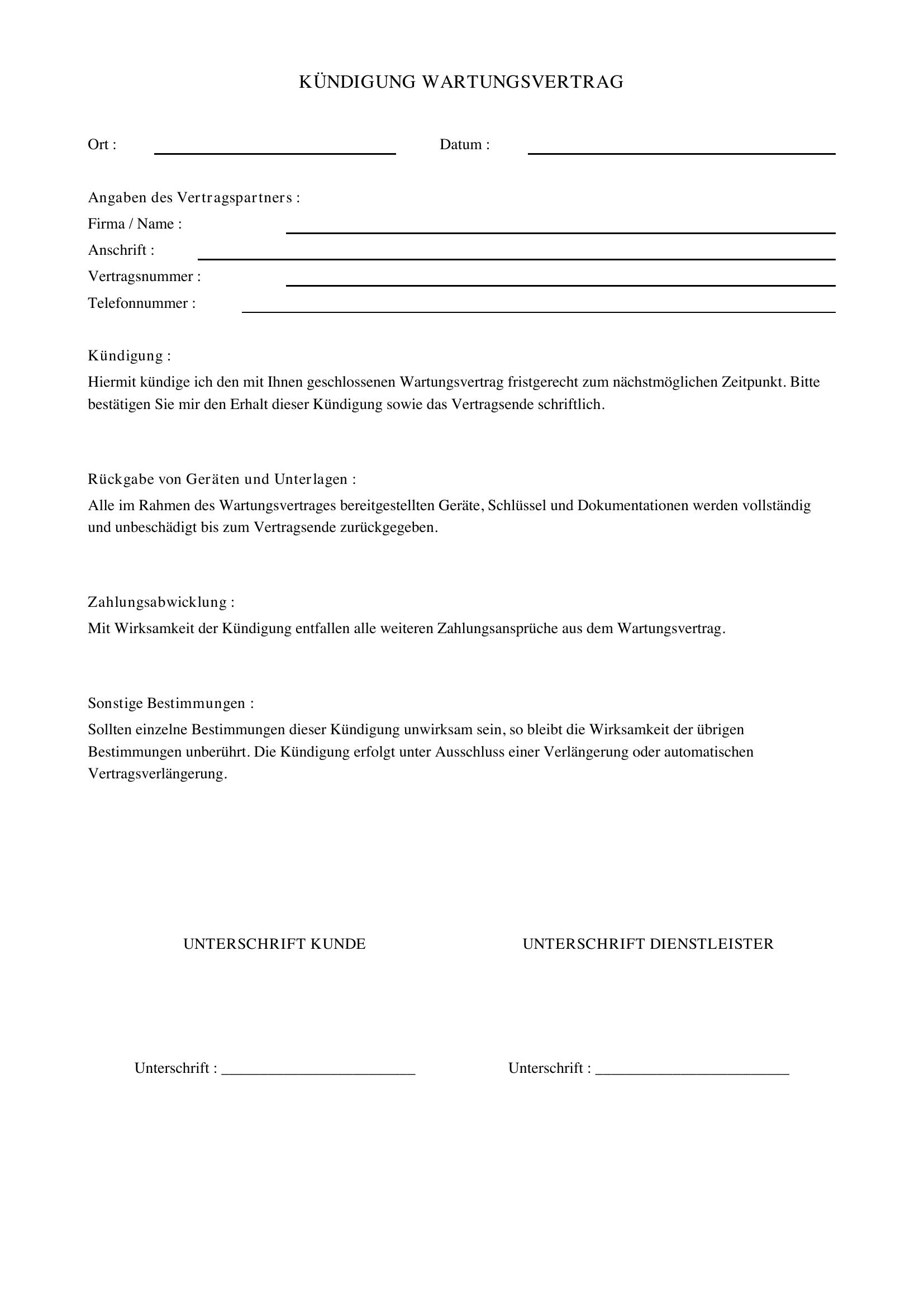 Kündigung Wartungsvertrag