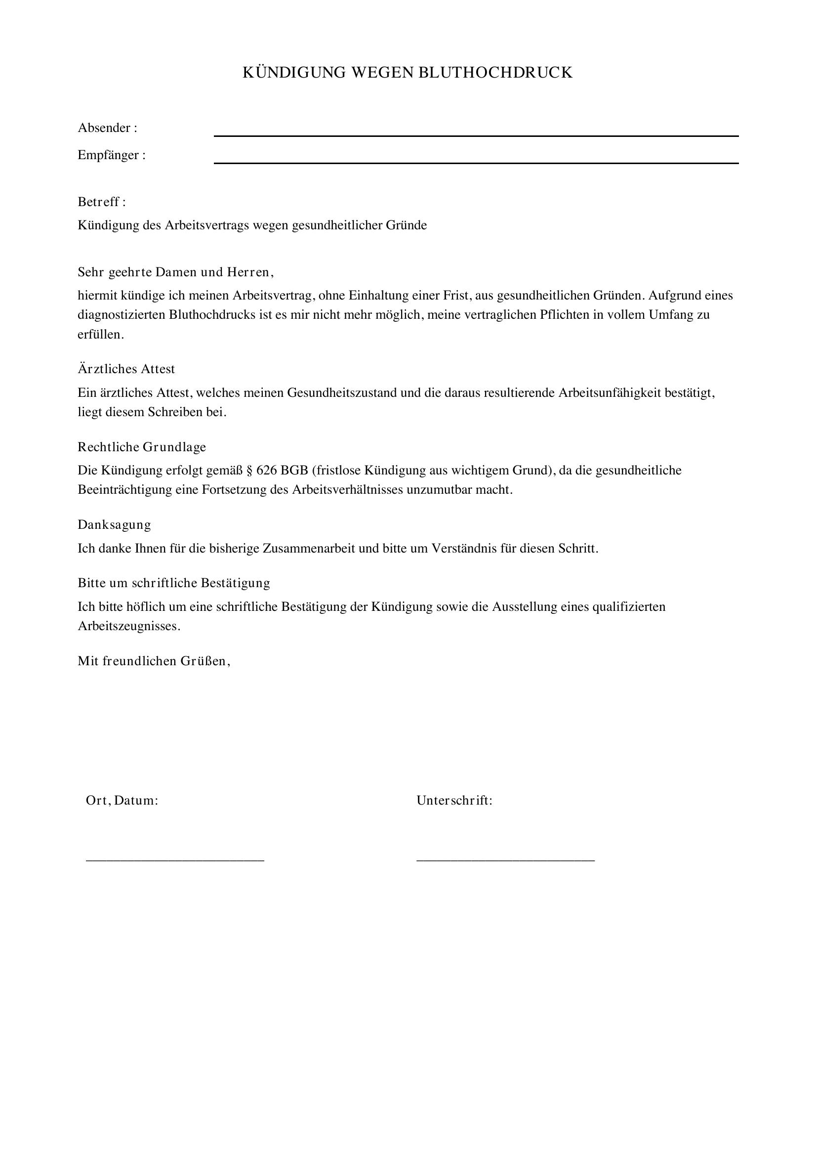 Kündigung Wegen Bluthochdruck