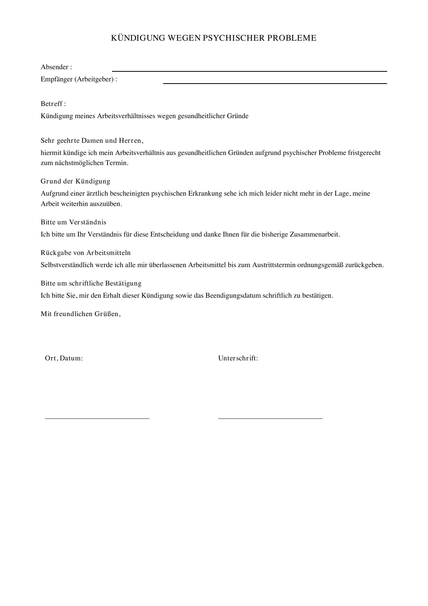 Kündigung Wegen Psychischer Probleme Muster