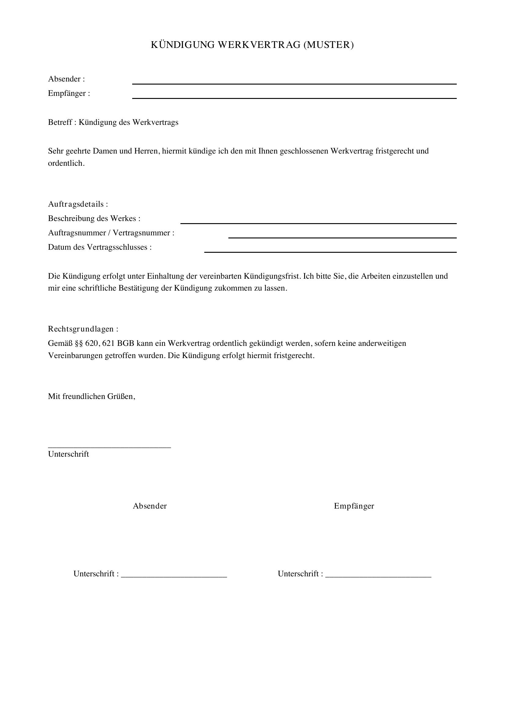 Kündigung Werkvertrag Muster