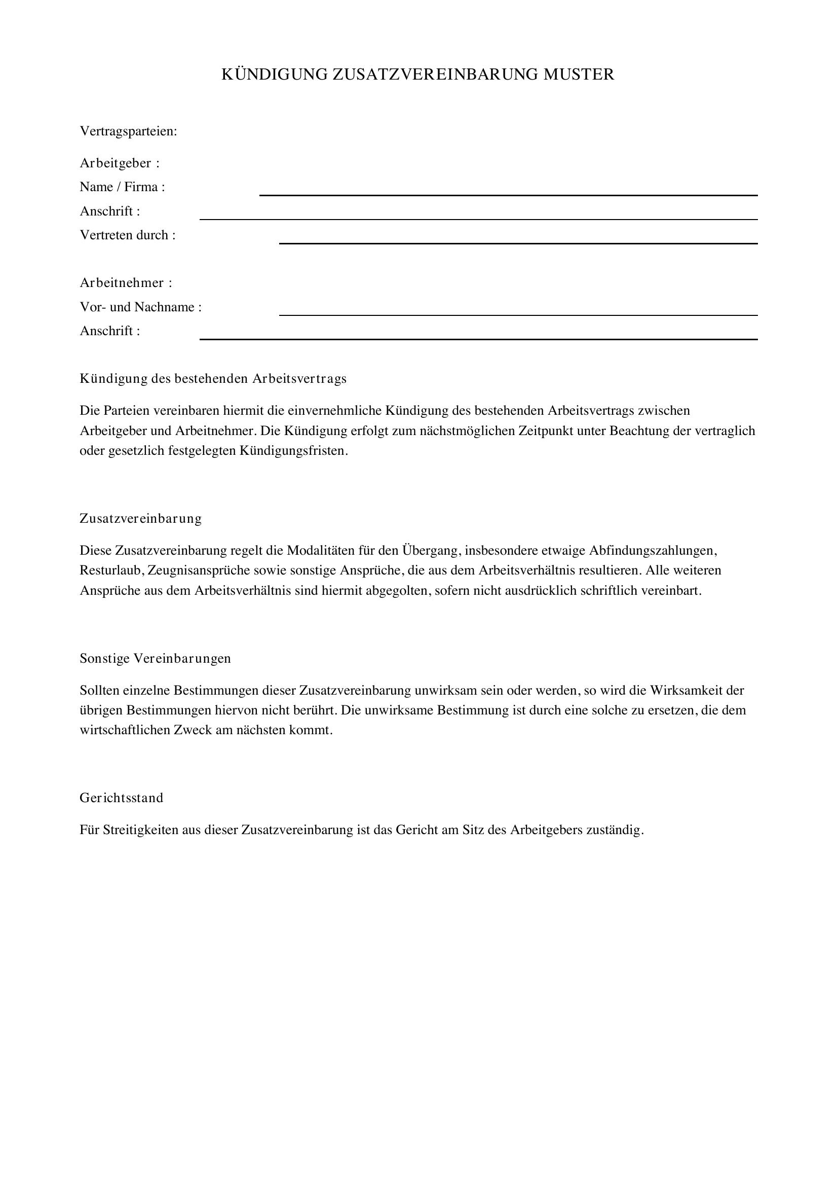 Kündigung Zusatzvereinbarung Muster