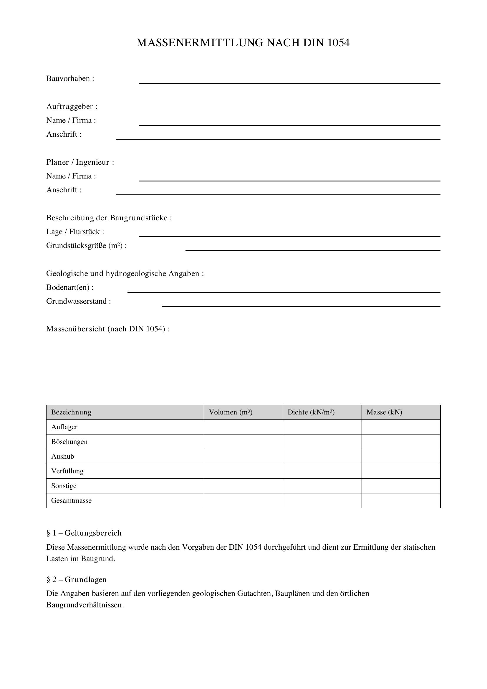 Massenermittlung Bau Vorlage