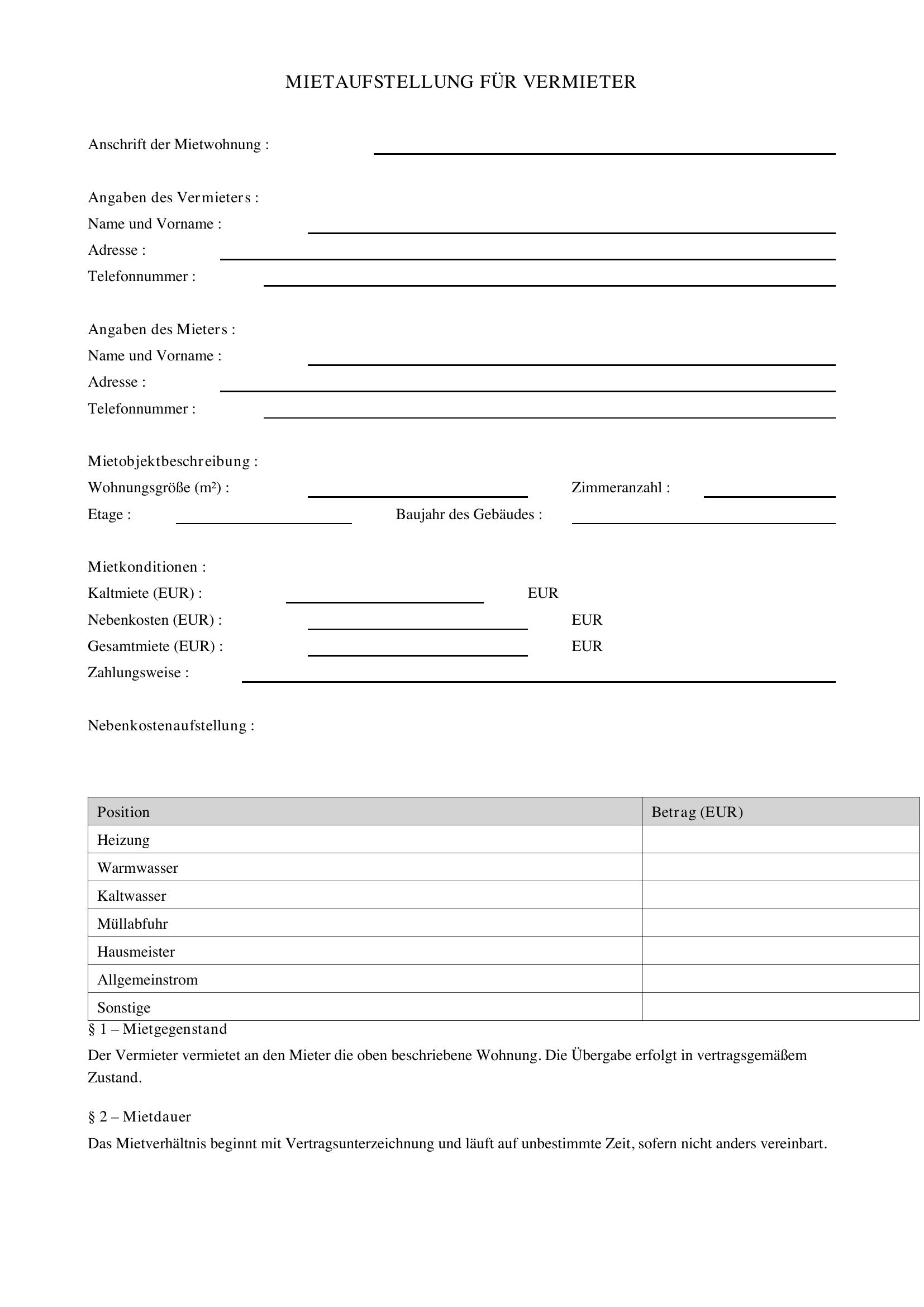 Mietaufstellung Vermieter