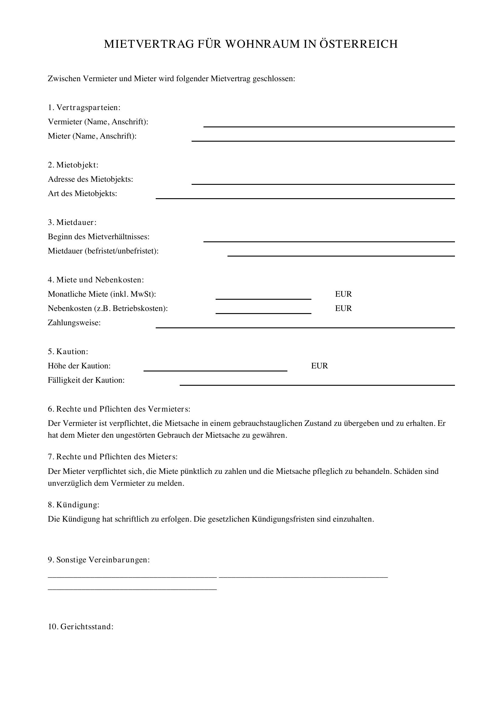 Mietvertrag Vorlage Österreich Wko