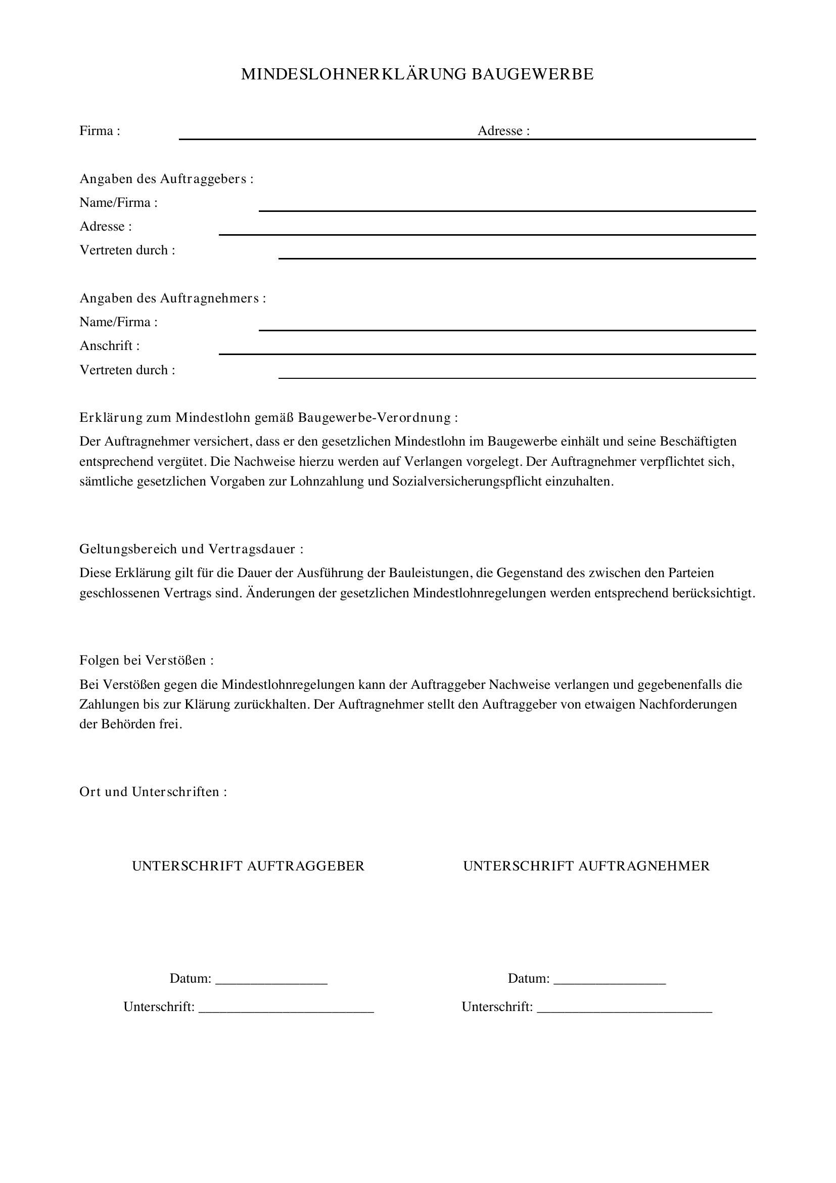 Mindestlohnerklärung Baugewerbe Vorlage