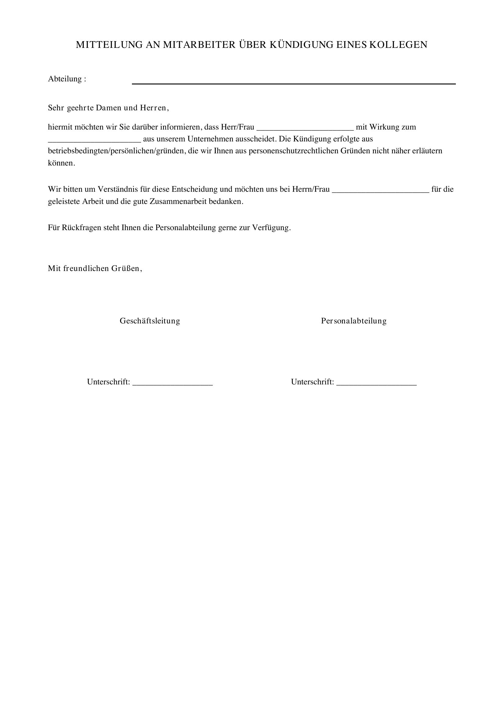 Mitteilung An Mitarbeiter Über Kündigung Eines Kollegen Vorlage