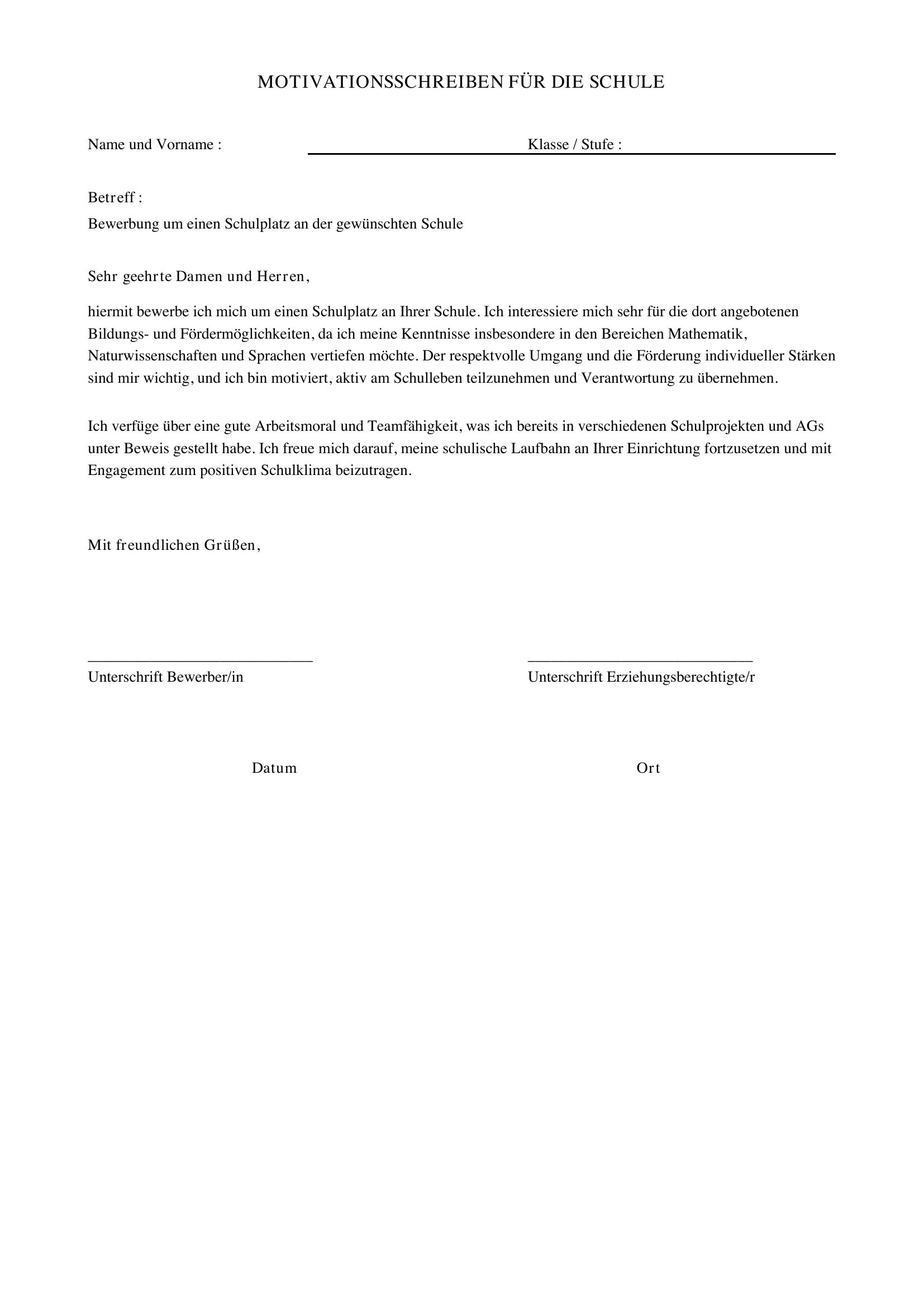 Motivationsschreiben Schule