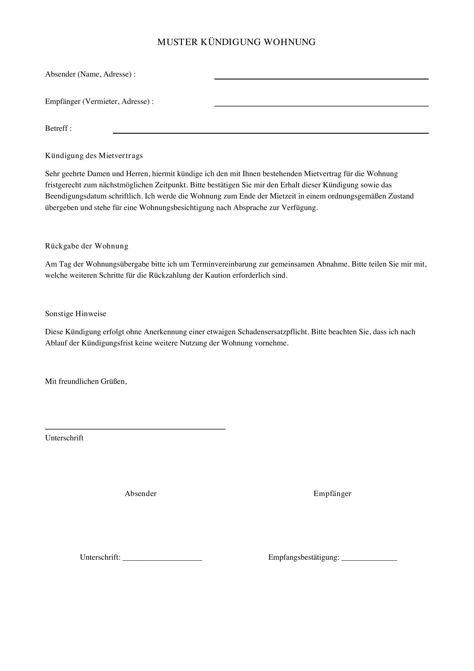 Muster Kündigung Wohnung
