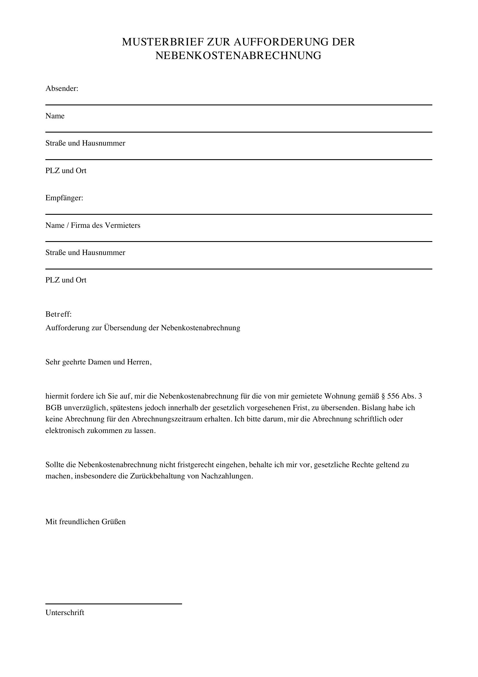 Musterbrief Aufforderung Nebenkostenabrechnung