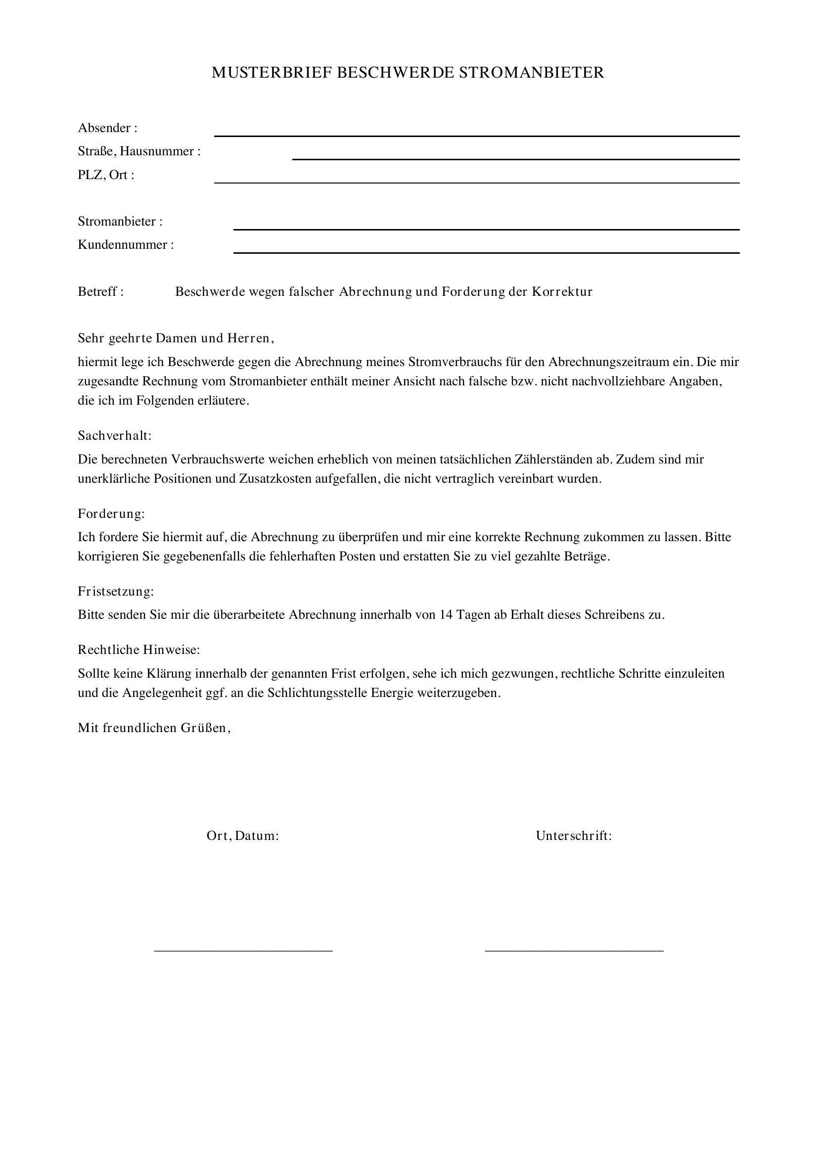 Musterbrief Beschwerde Stromanbieter