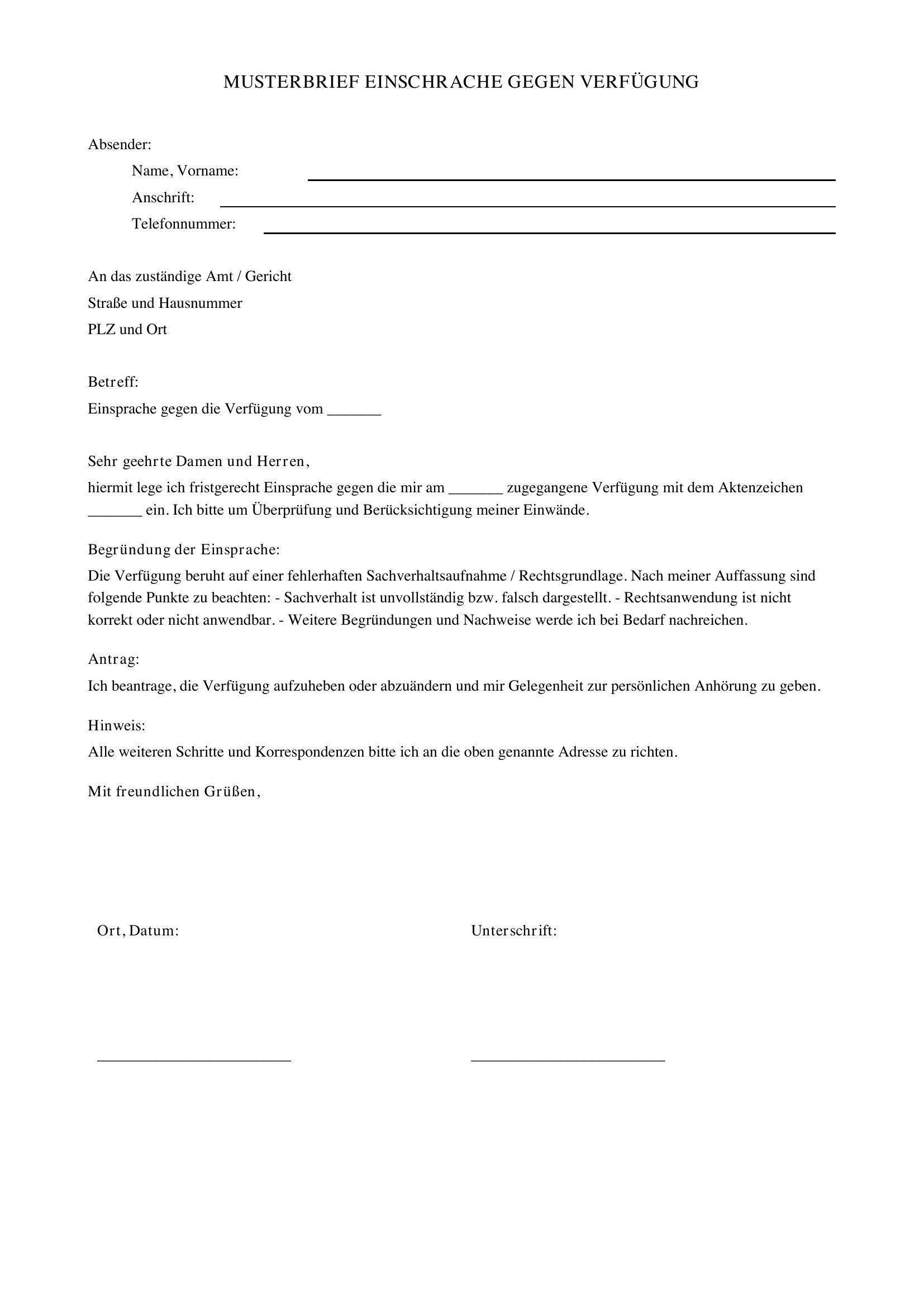 Musterbrief Einsprache Gegen Verfügung