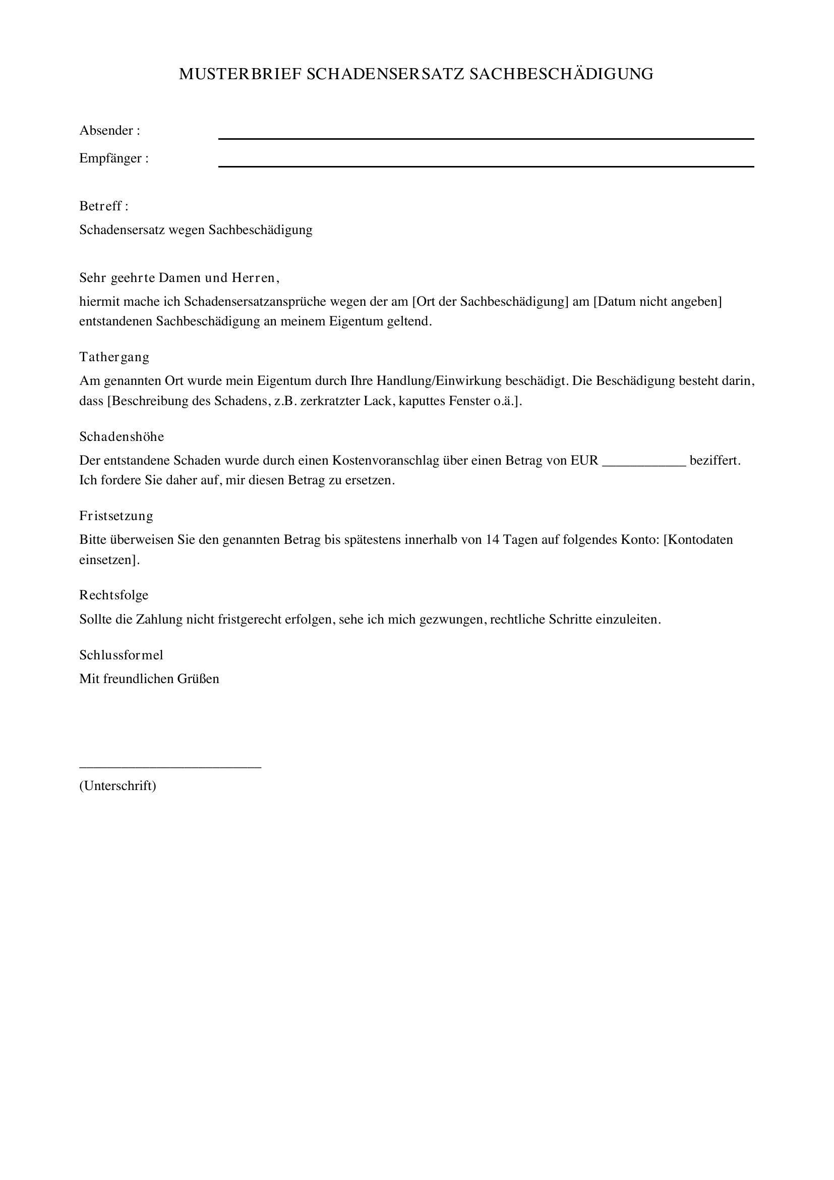 Musterbrief Schadensersatz Sachbeschädigung