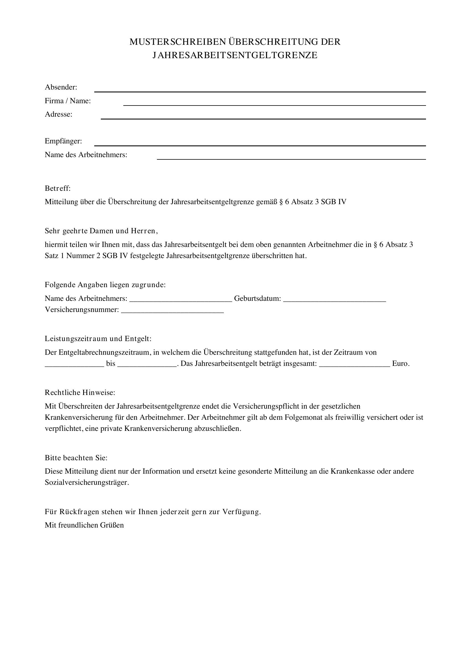 Musterschreiben Überschreitung Jahresarbeitsentgeltgrenze