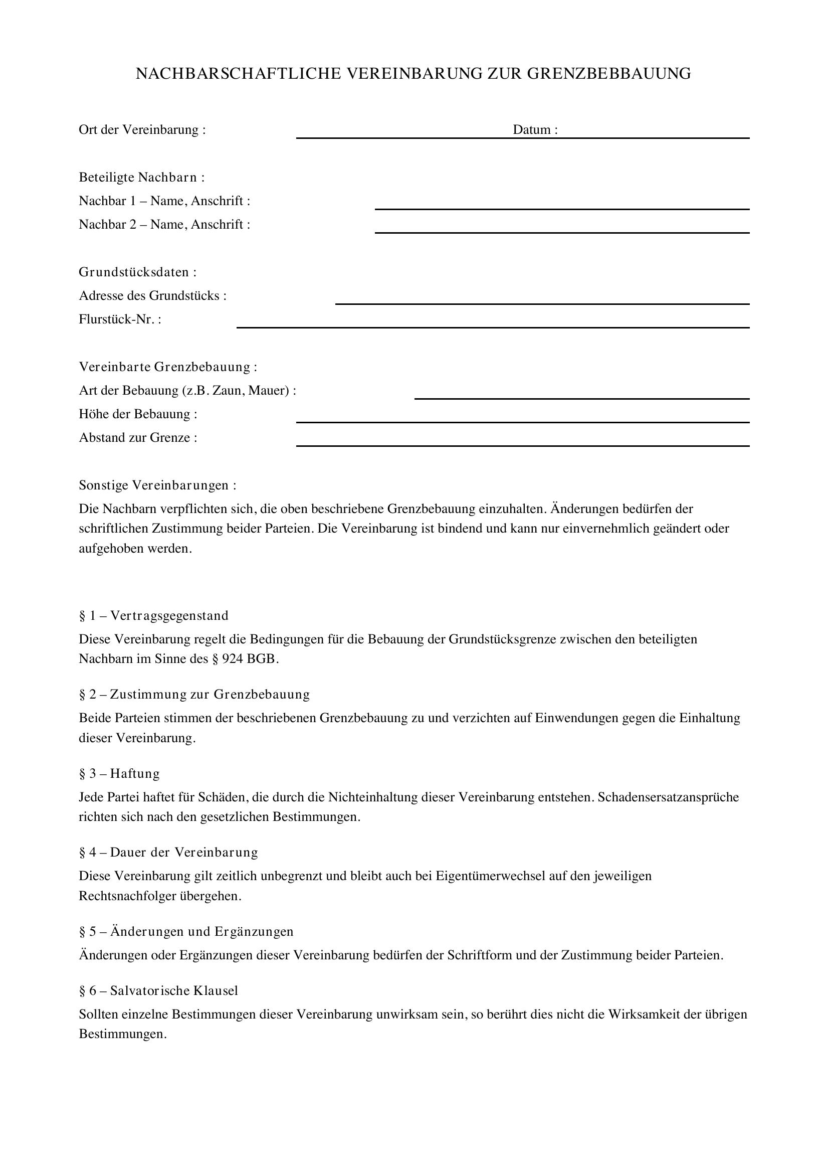 Nachbarschaftliche Vereinbarung Grenzbebauung Muster