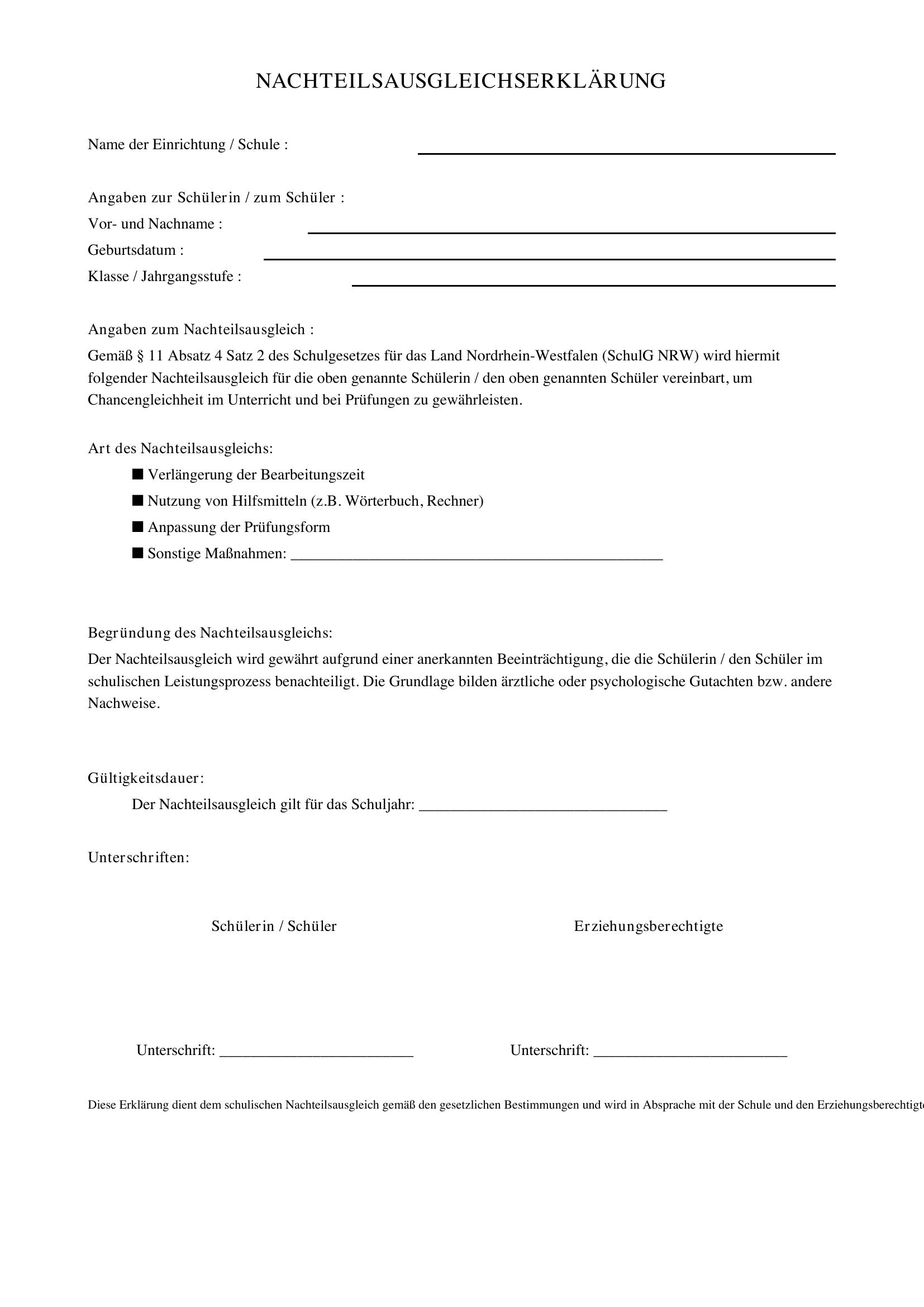 Nachteilsausgleichserklärung Muster