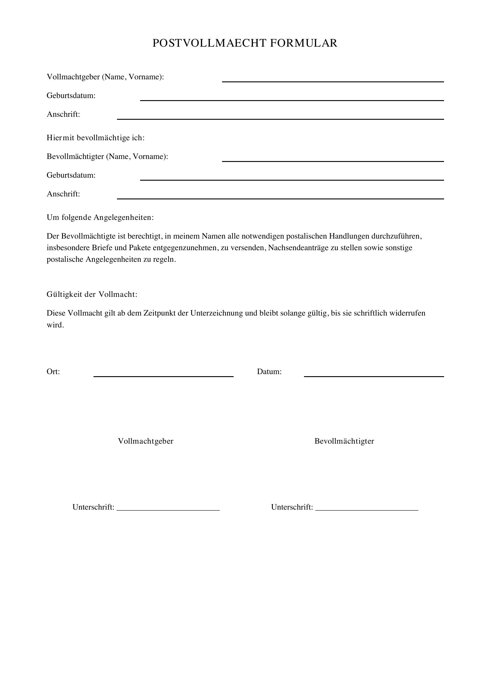 Postvollmacht Formular Download