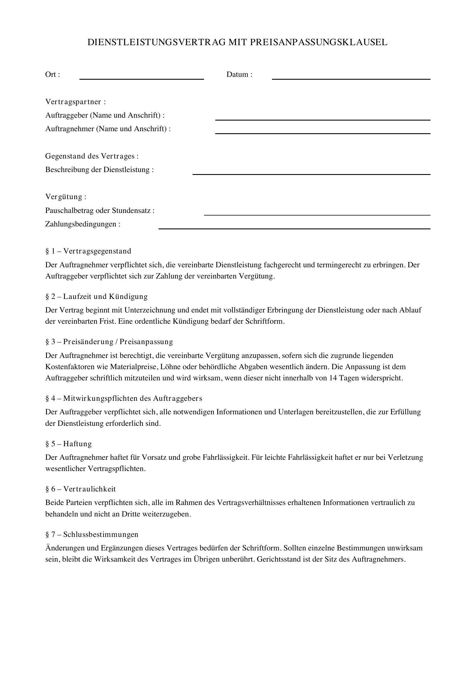 Preisanpassungsklausel Dienstleistungsvertrag Muster