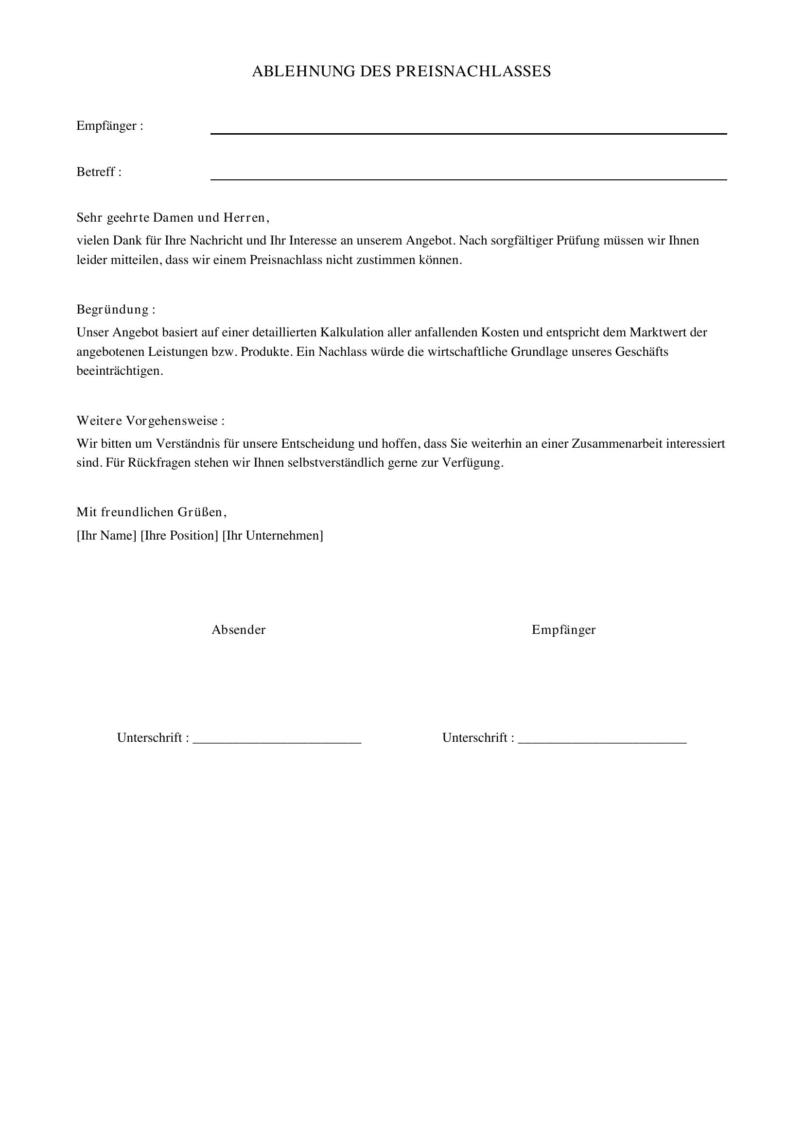 Preisnachlass Ablehnen Formulierung Email