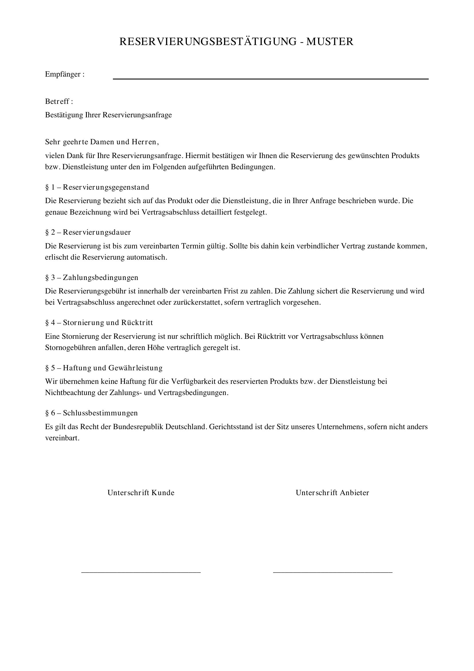Reservierung Email Muster