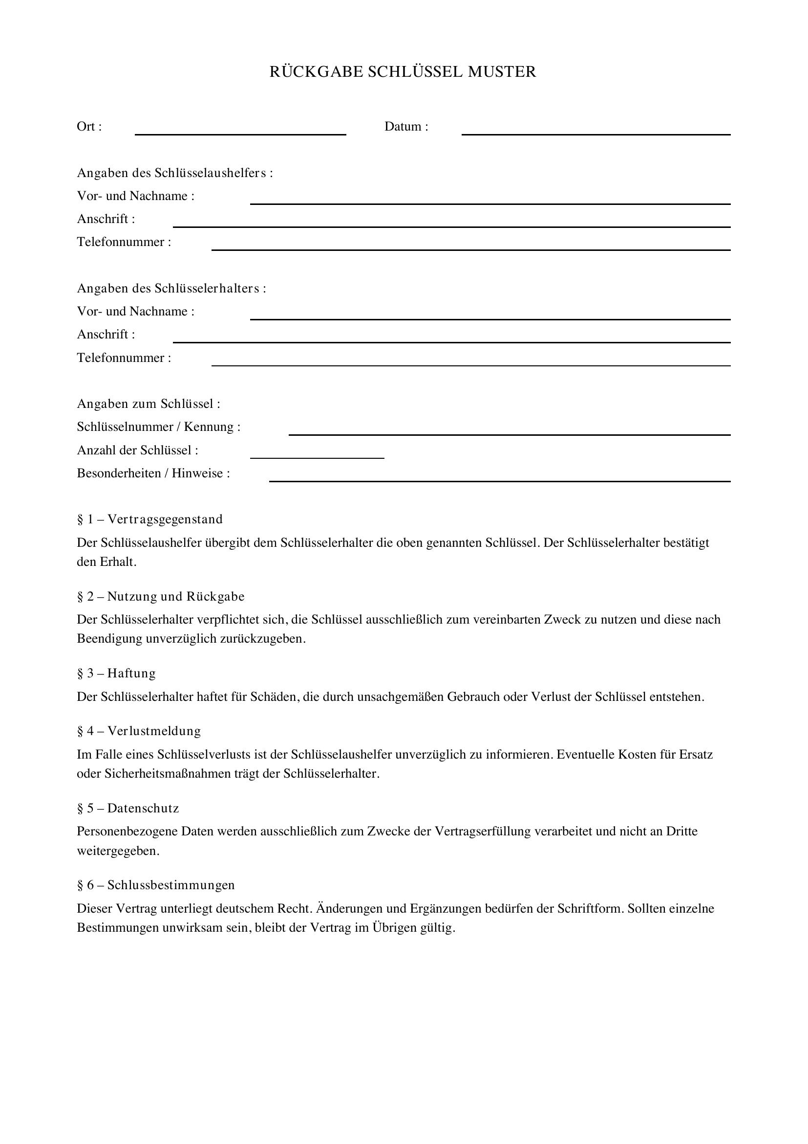 Rückgabe Schlüssel Muster