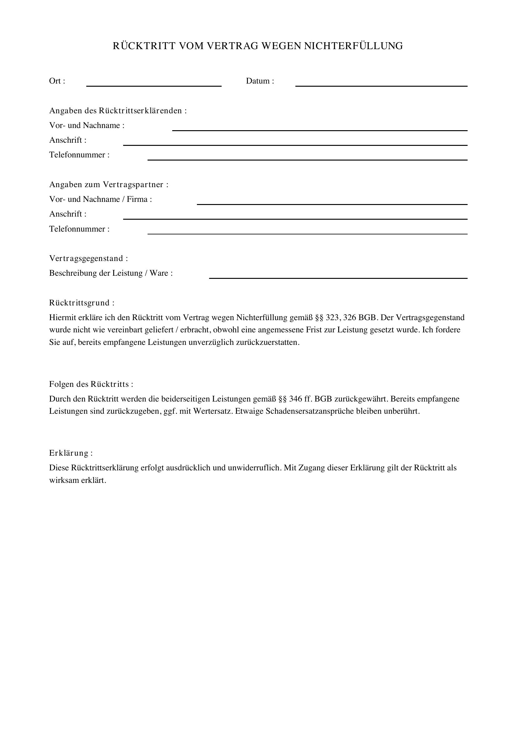 Rücktritt Vom Vertrag Wegen Nichterfüllung Muster