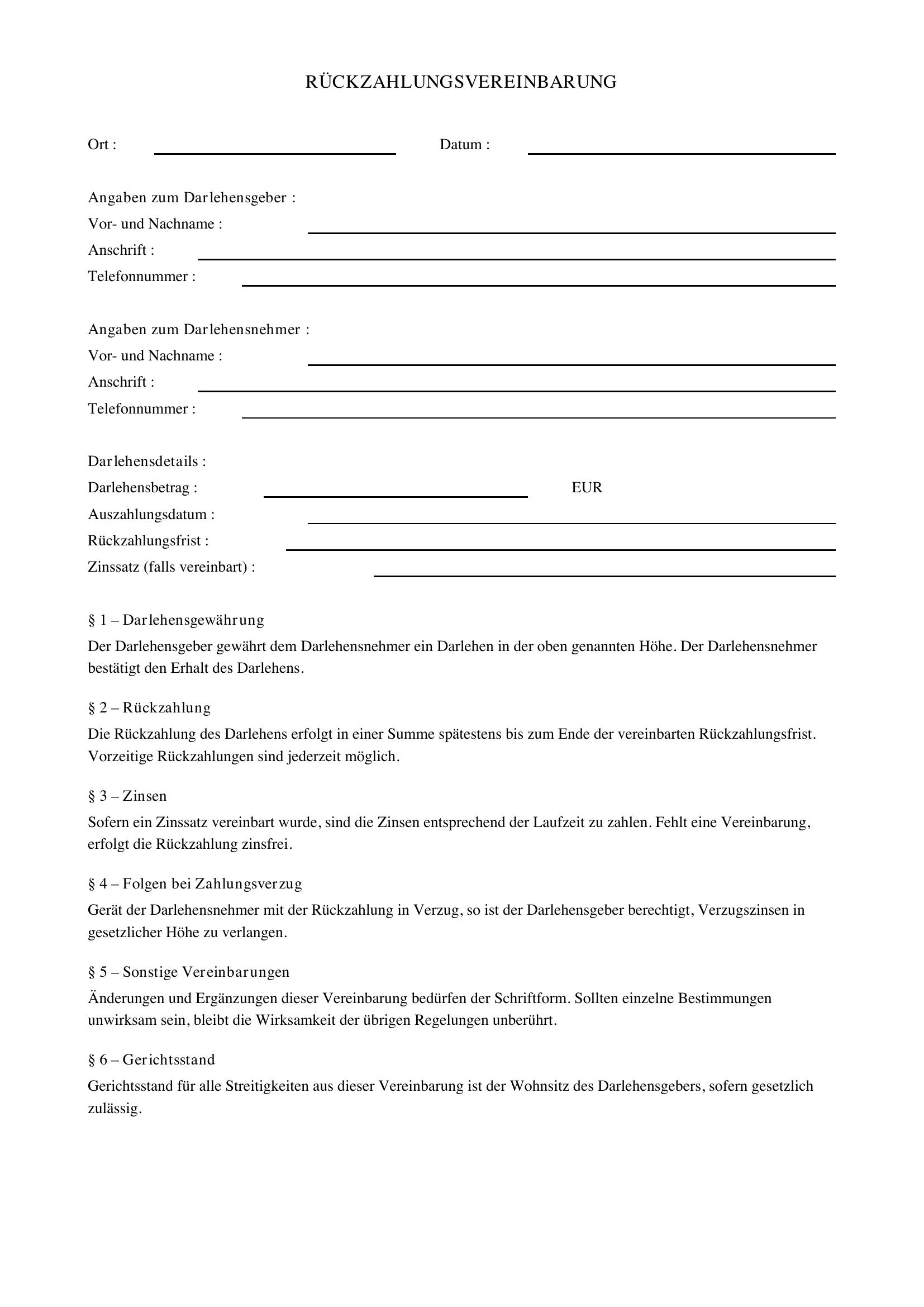 Rückzahlungsvereinbarung Vorlage