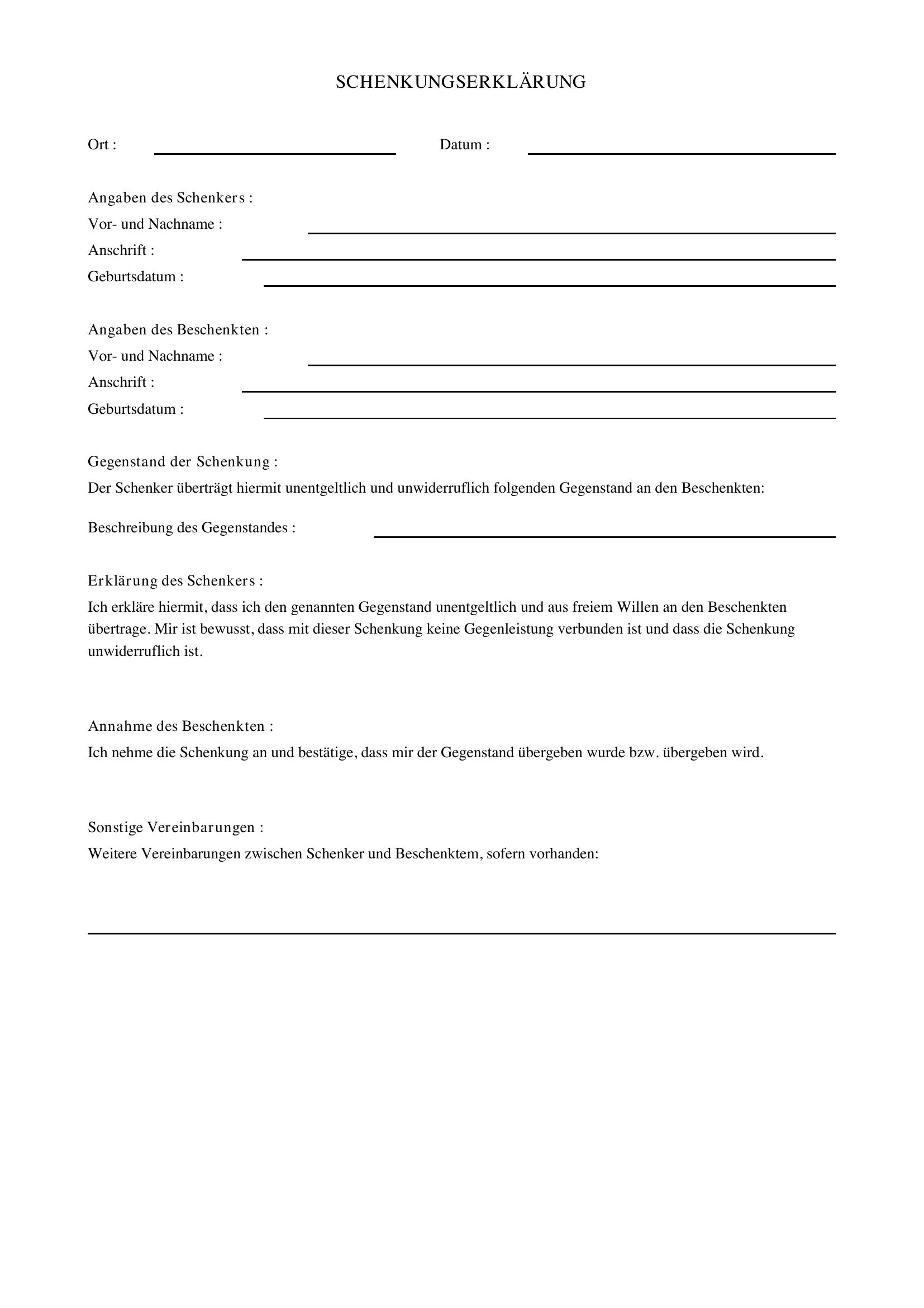 Schenkungserklärung Vorlage