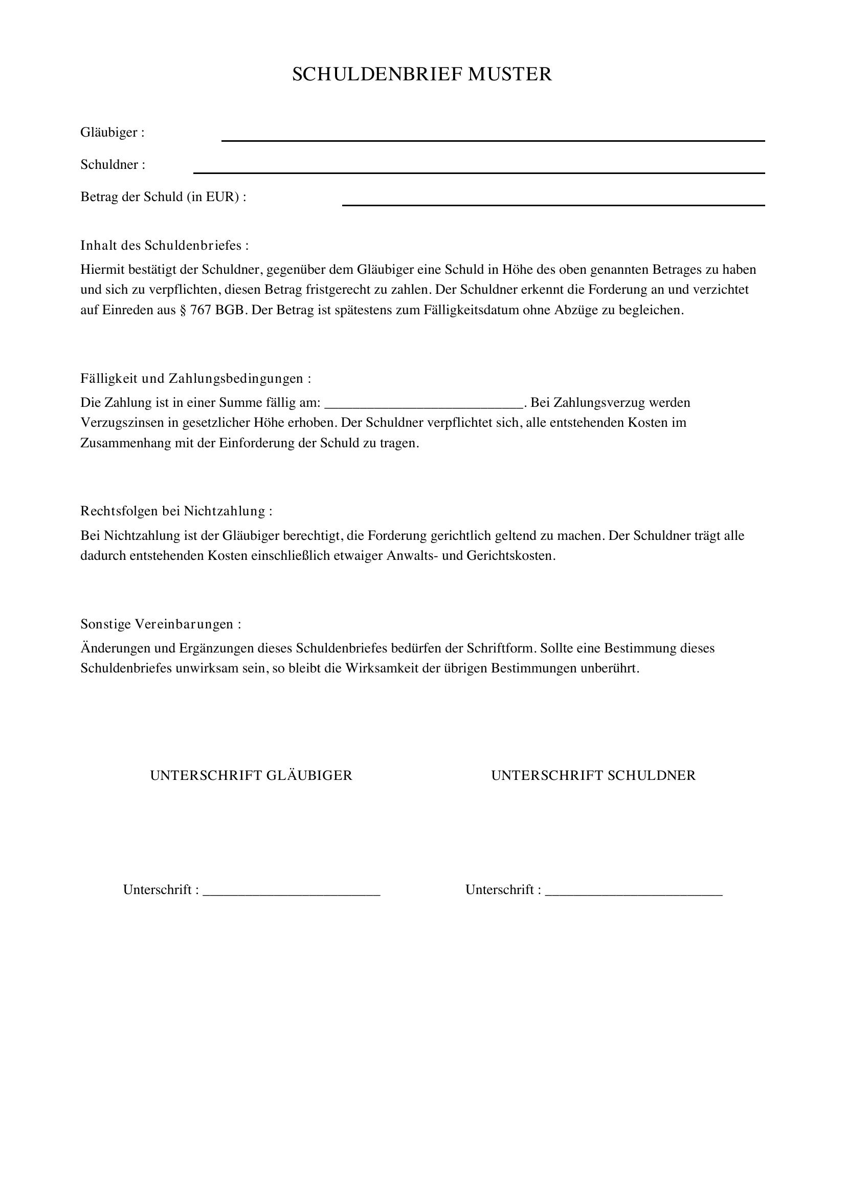 Schulden Brief Muster