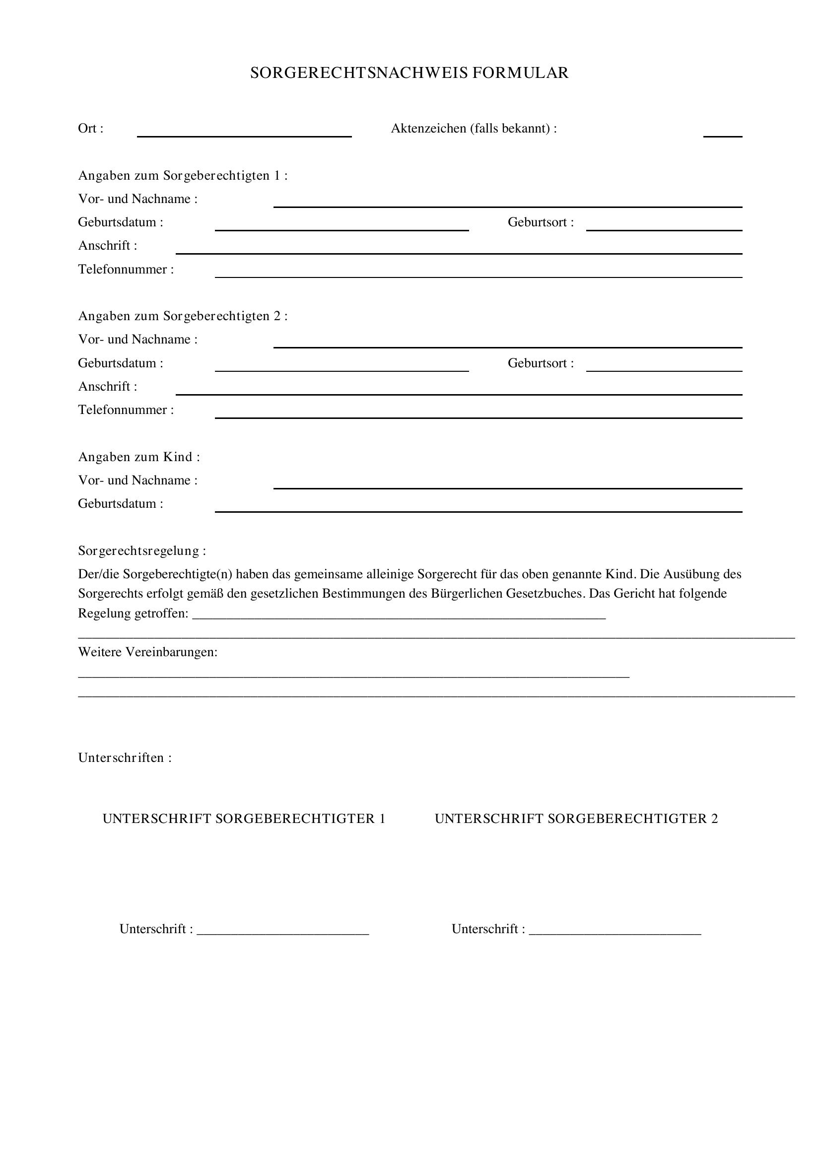 Sorgerechtsnachweis Formular