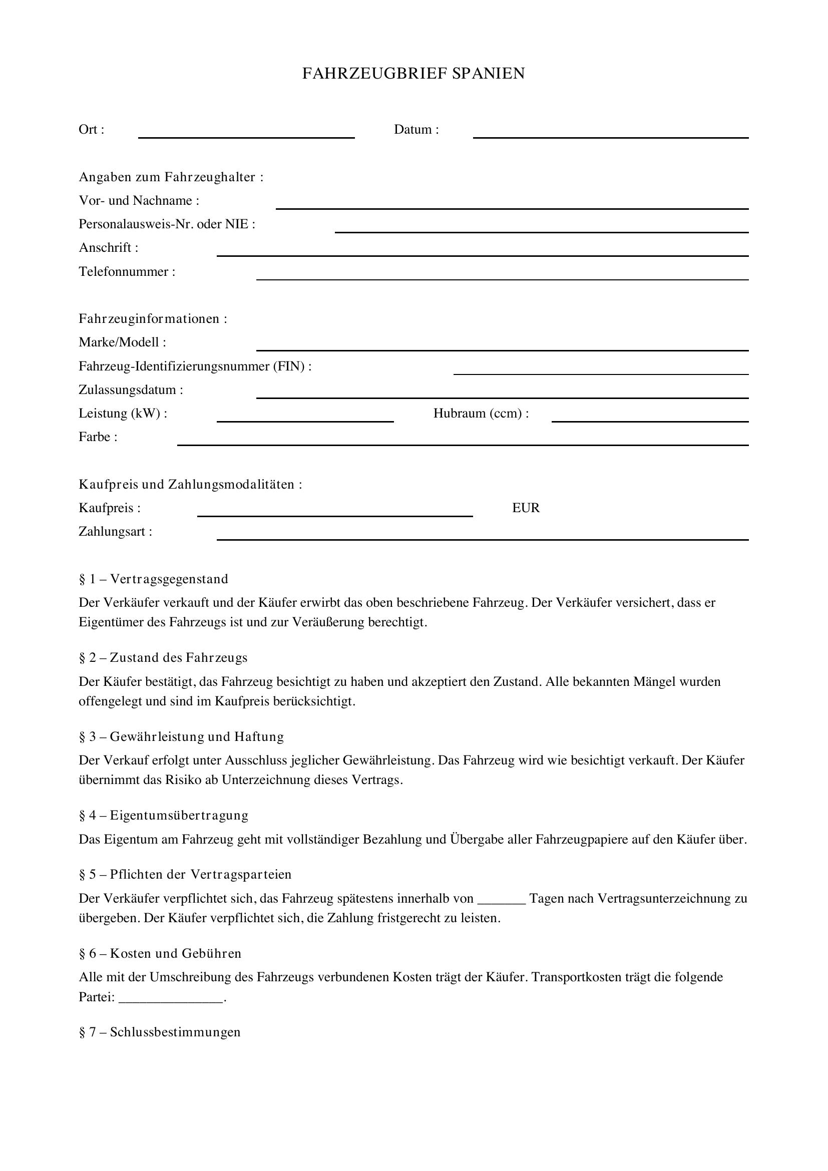 Spanischer Fahrzeugbrief